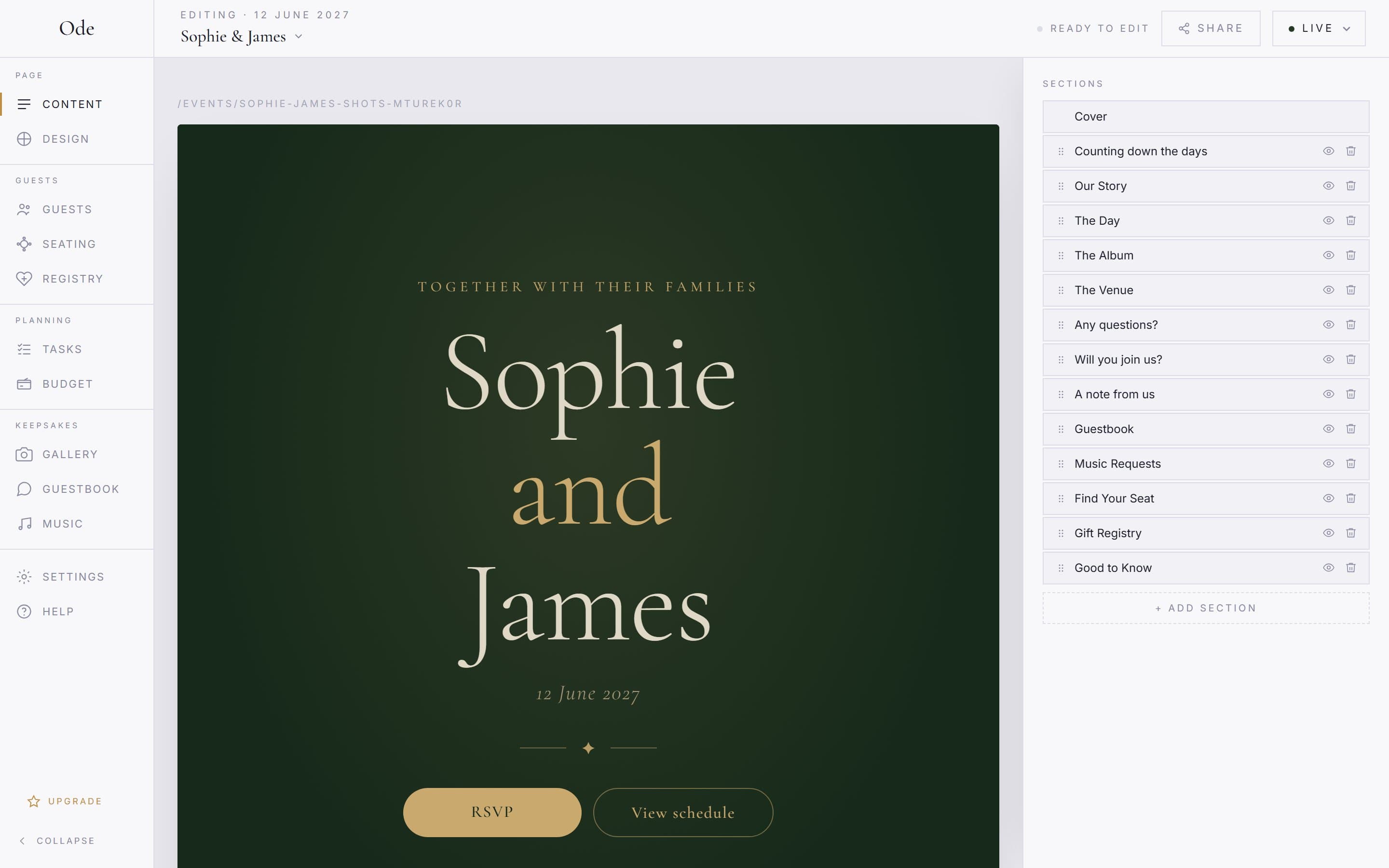 The Ode studio with the live preview of a wedding page and the section list beside it