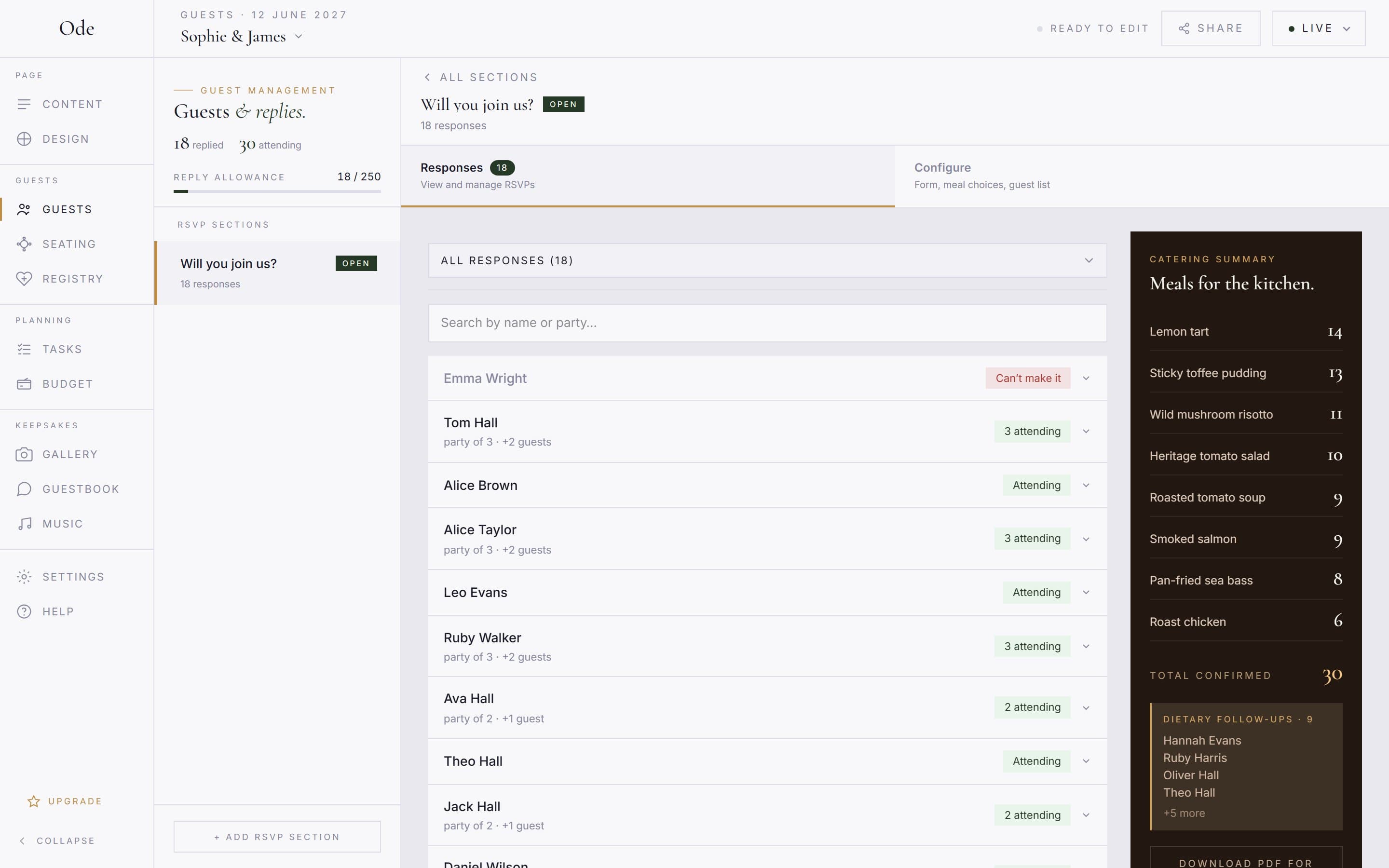 The Ode RSVP dashboard showing guest replies with each person's meal choices and dietary follow-up flags