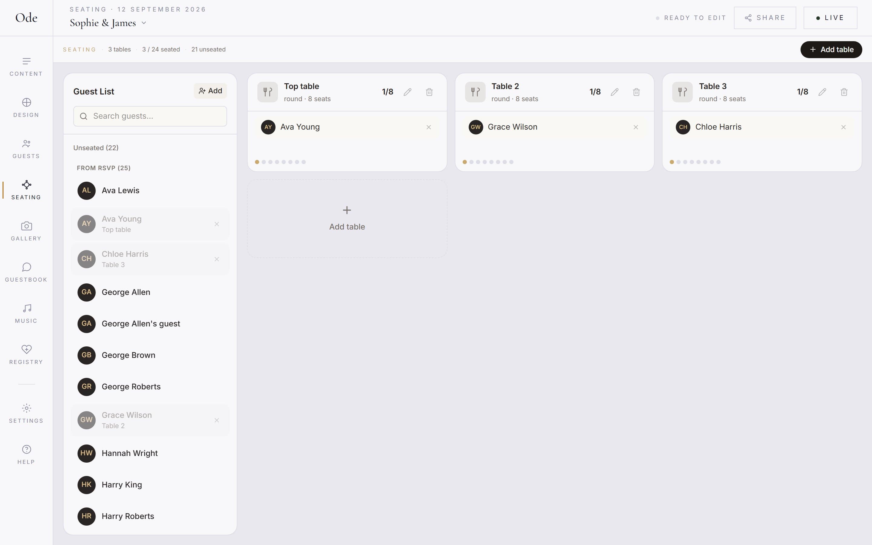 The Ode seating plan builder with tables on the floor plan and the guest list ready to seat