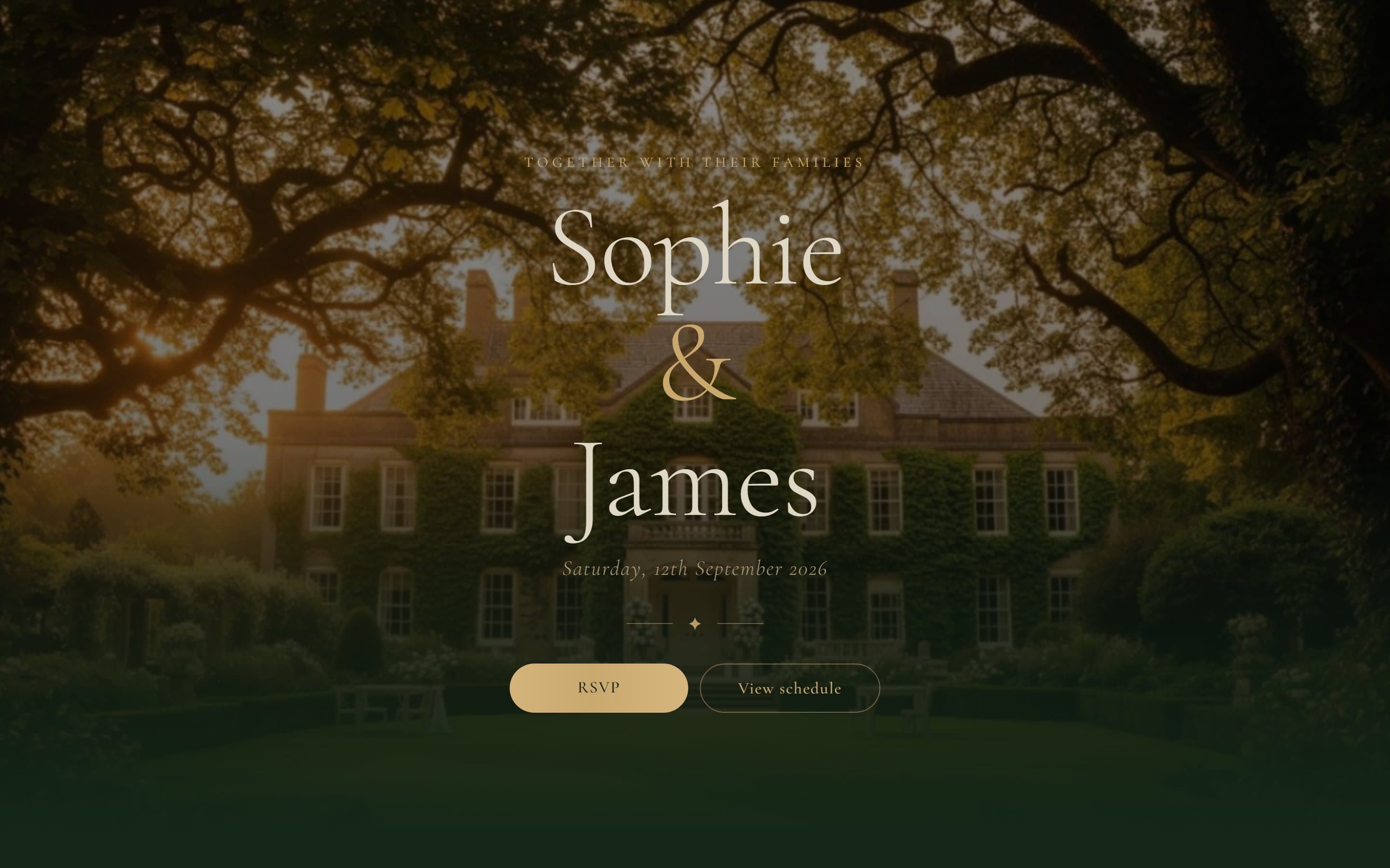 The Sophie and James demo wedding website built with Ode