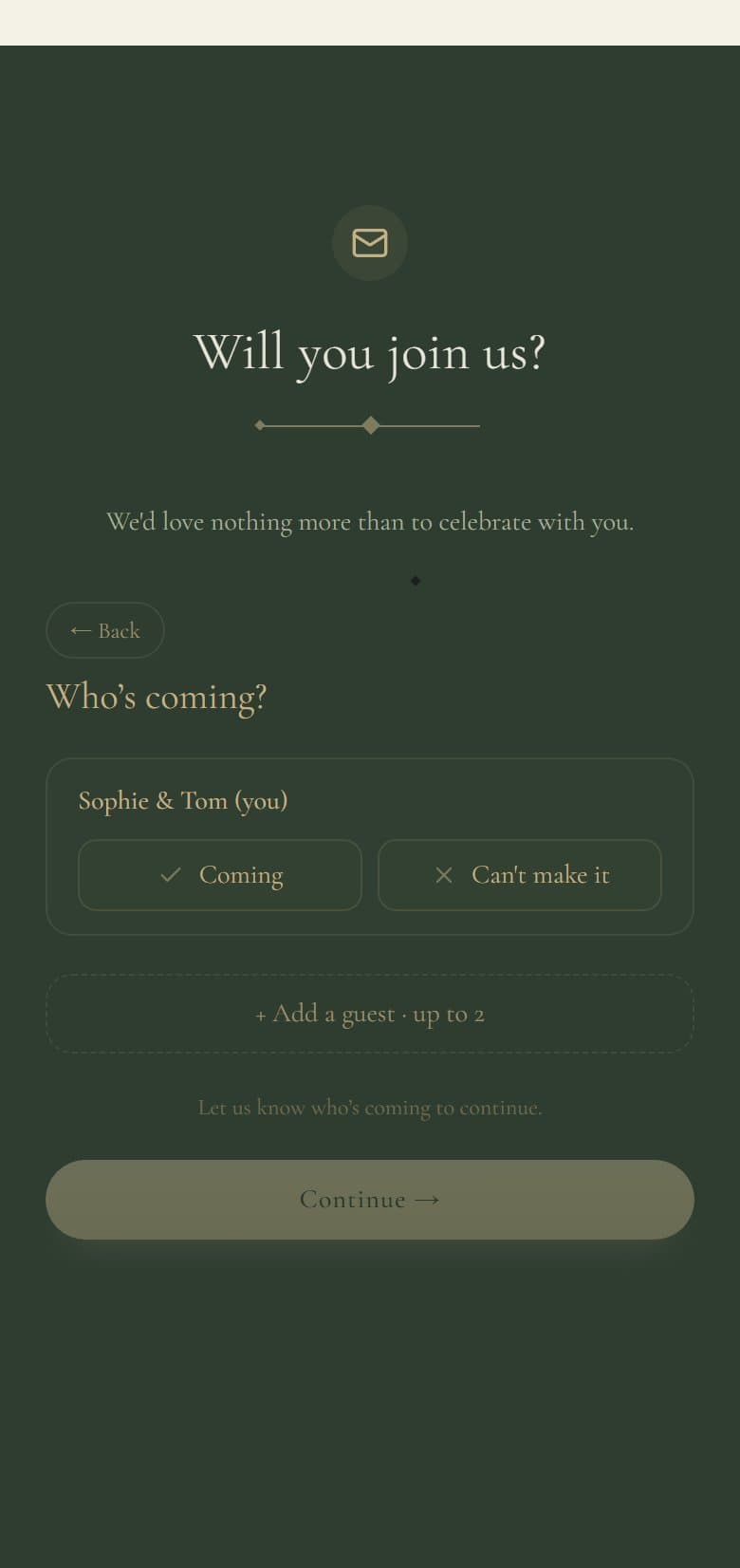 The RSVP form on an Ode wedding website asking a guest whether they are attending