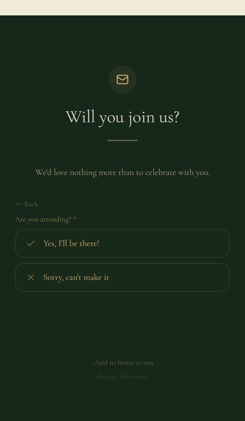 The RSVP form on an Ode wedding website asking a guest whether they are attending