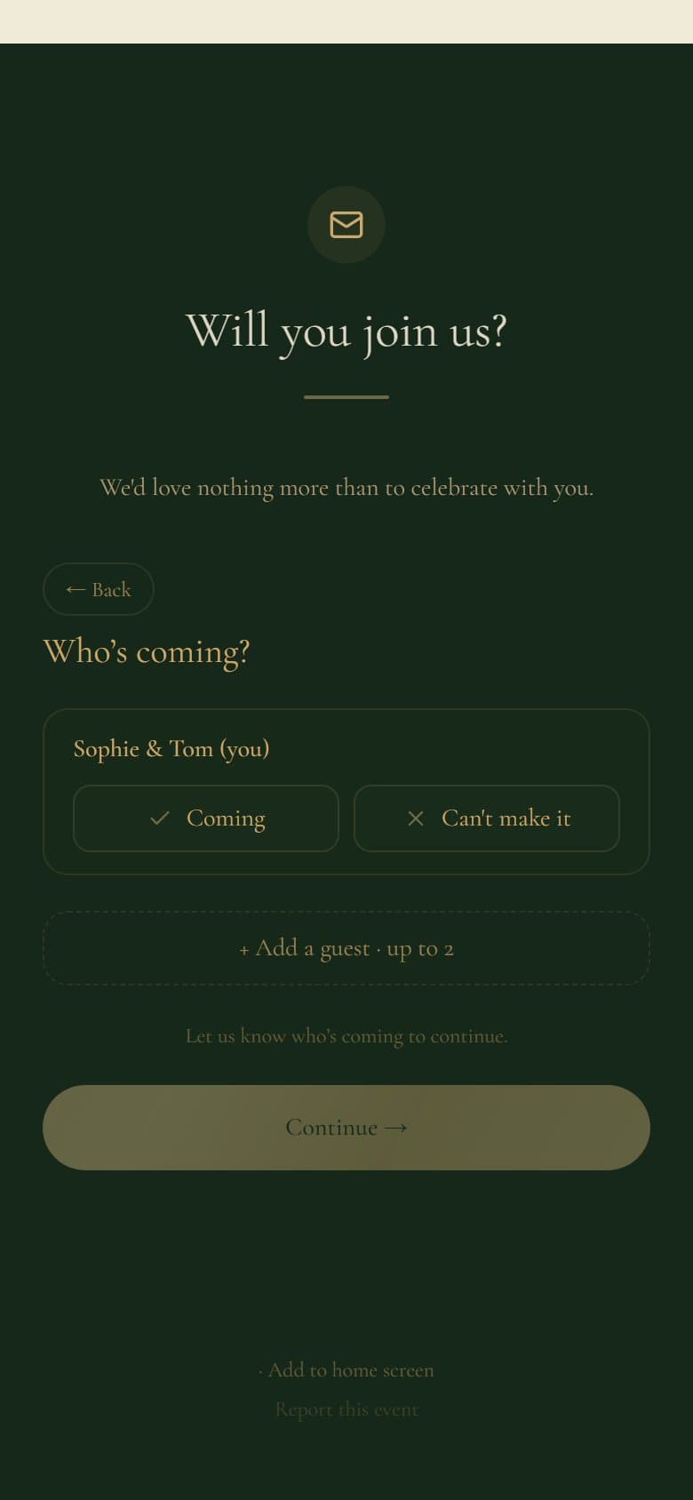 The RSVP form on the example Ode wedding website