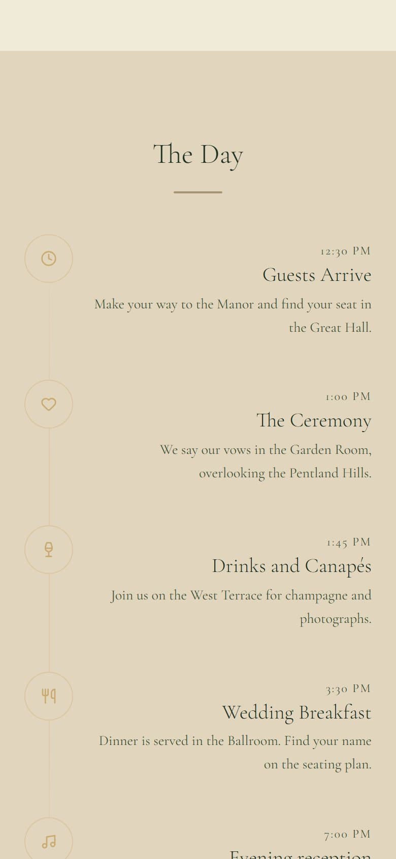 The wedding day schedule on the example Ode wedding website
