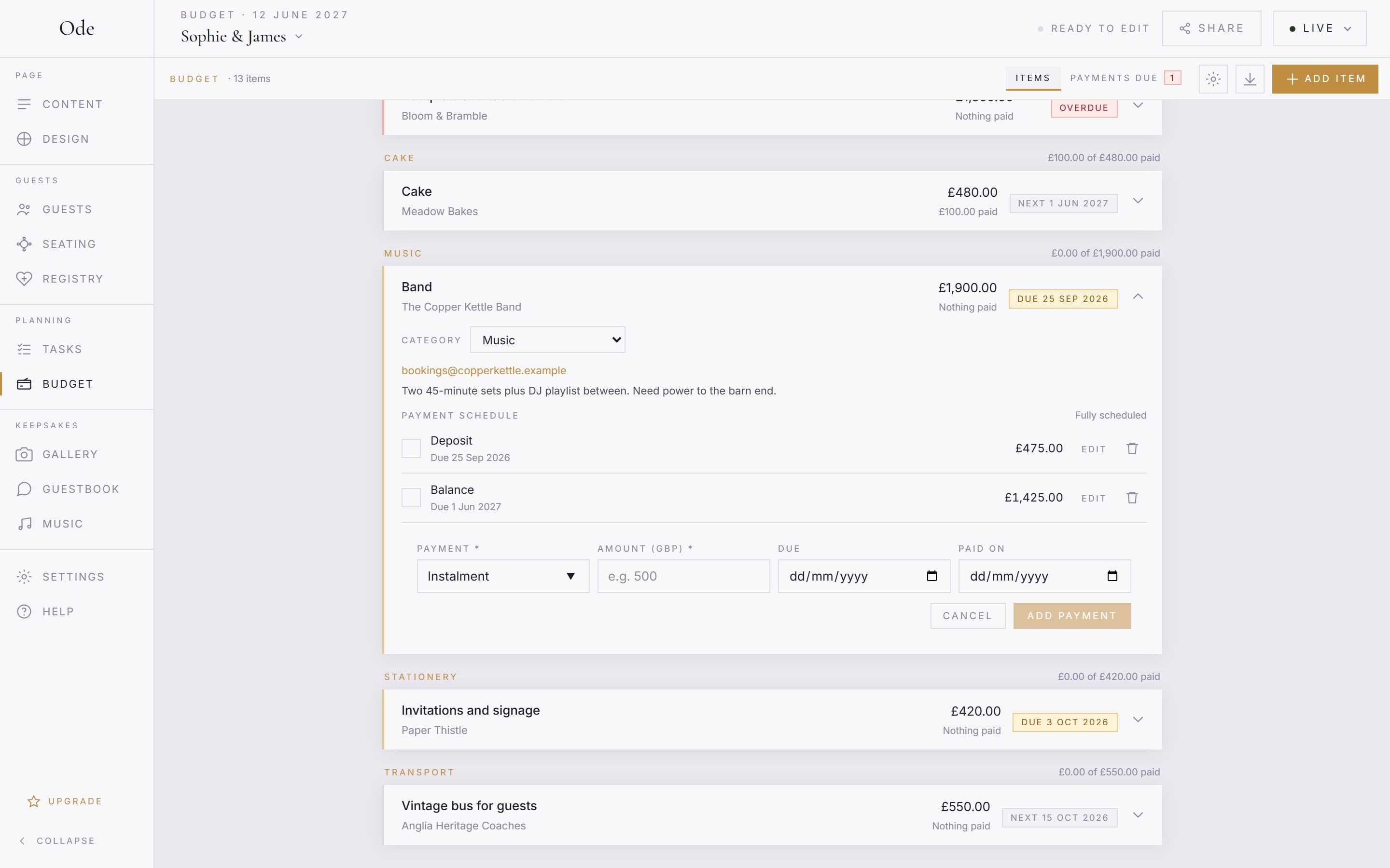 Adding a payment to the Band item: payment label, amount, due and paid-on fields under the existing deposit and balance