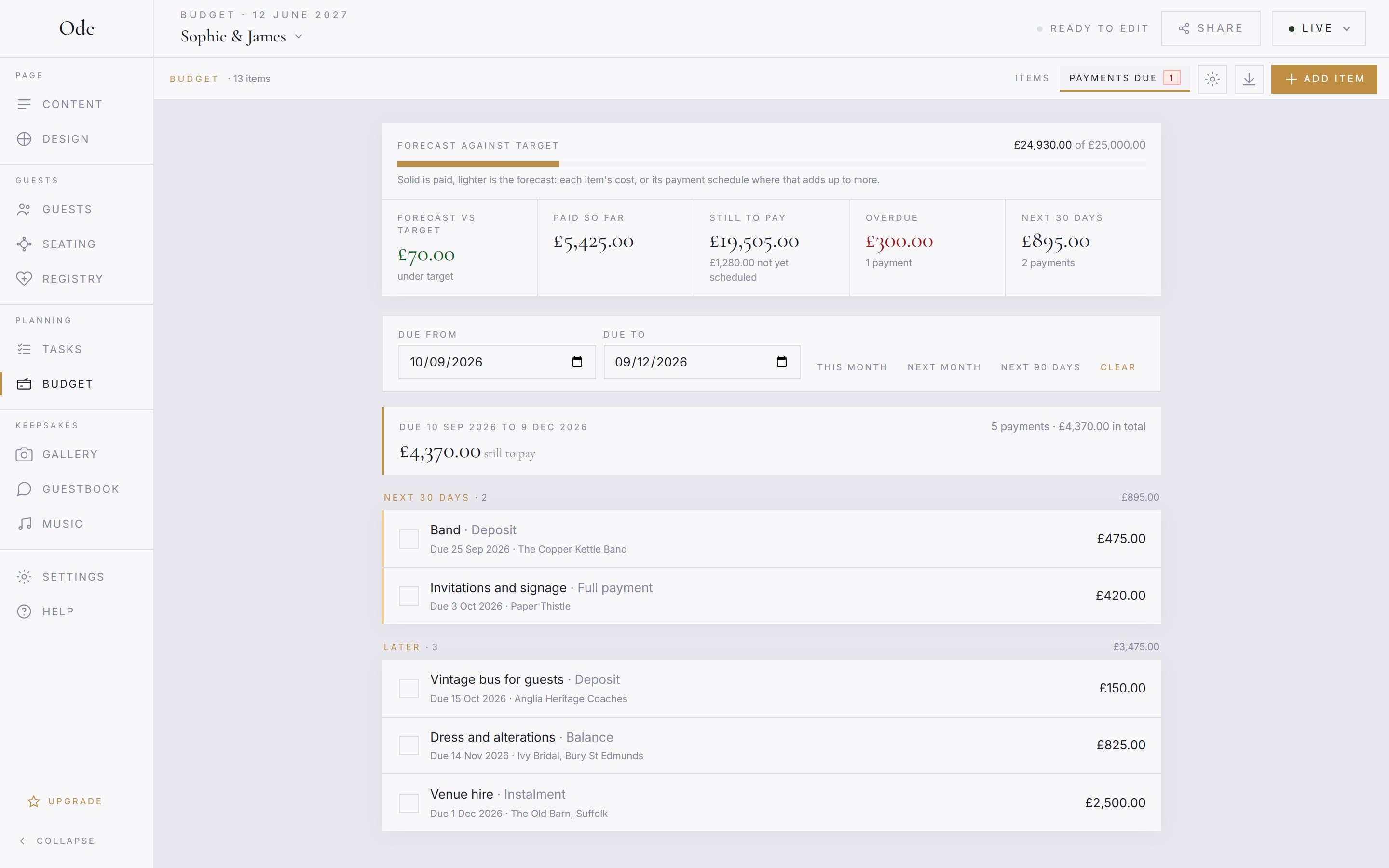 The Payments due view narrowed to the next 90 days, with a line totalling £4,370 still to pay across five payments