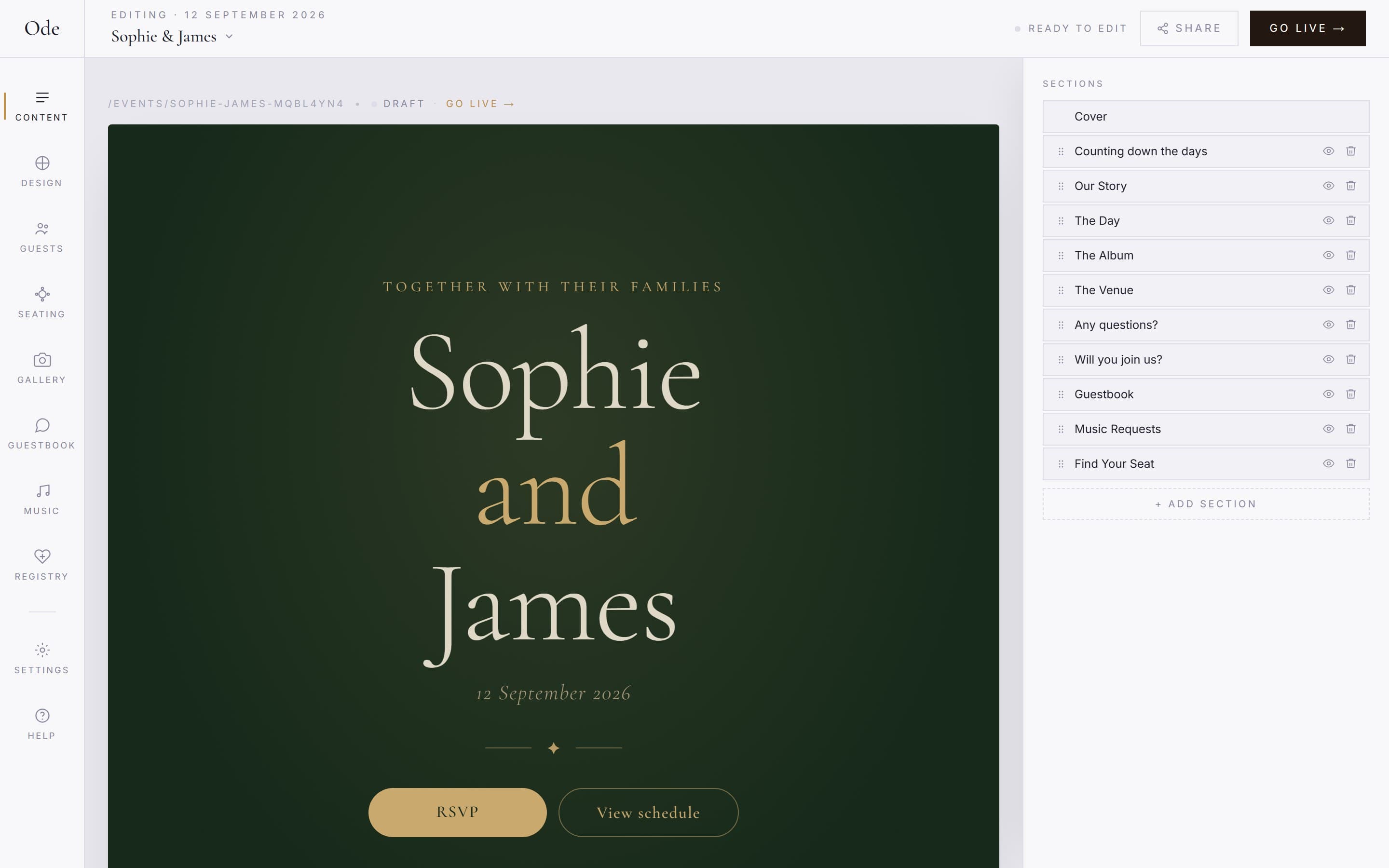 The Content workspace, with the live page preview in the middle and the sections list on the right
