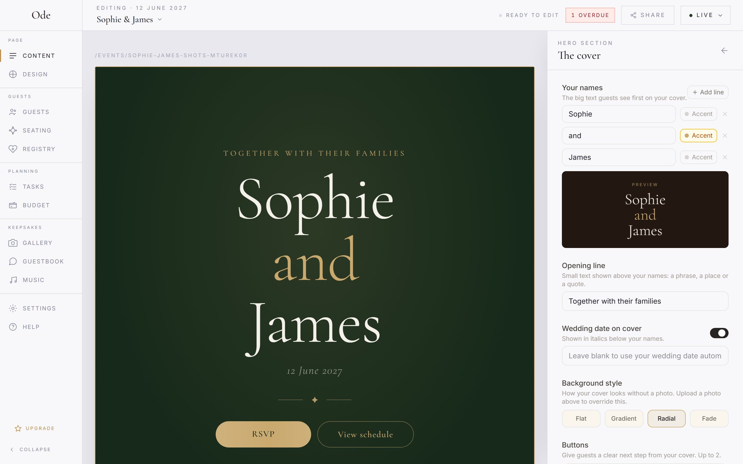The cover inspector: three name lines with Accent toggles, a preview, the opening line, the wedding date toggle and background style options