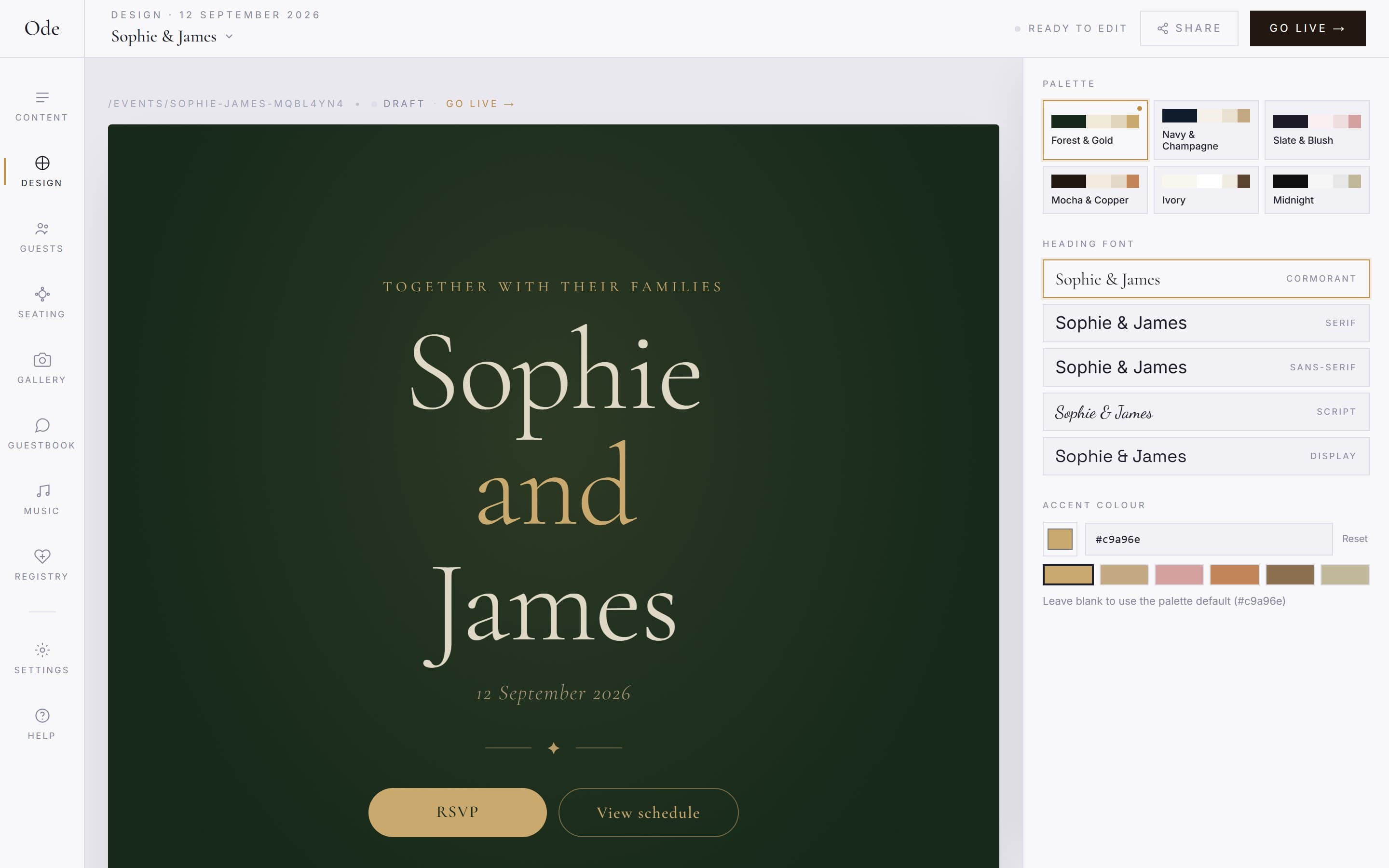 The Design workspace, with palette tiles, heading font options and an accent colour input on the right