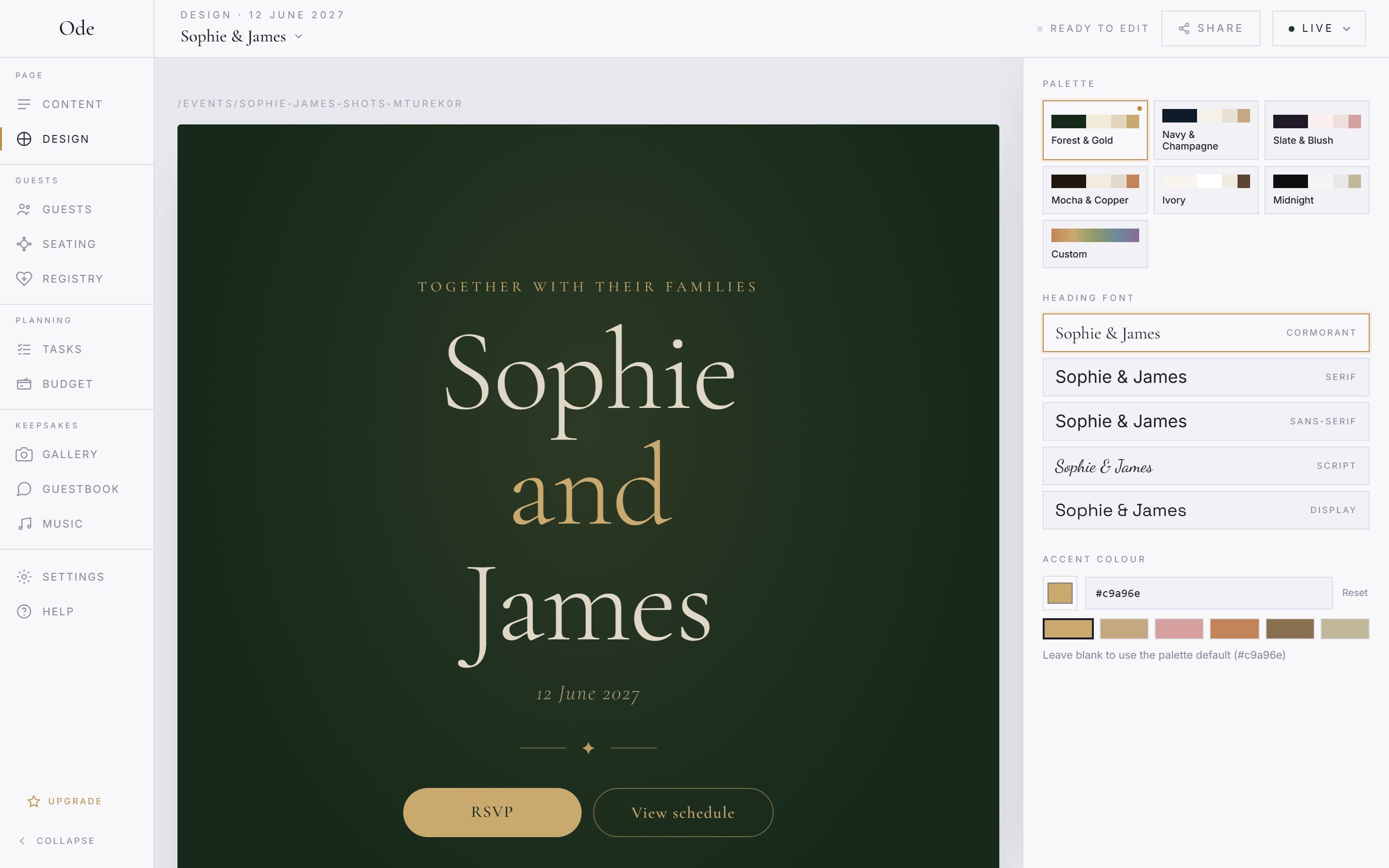The Design workspace, with palette tiles, heading font options and an accent colour input on the right