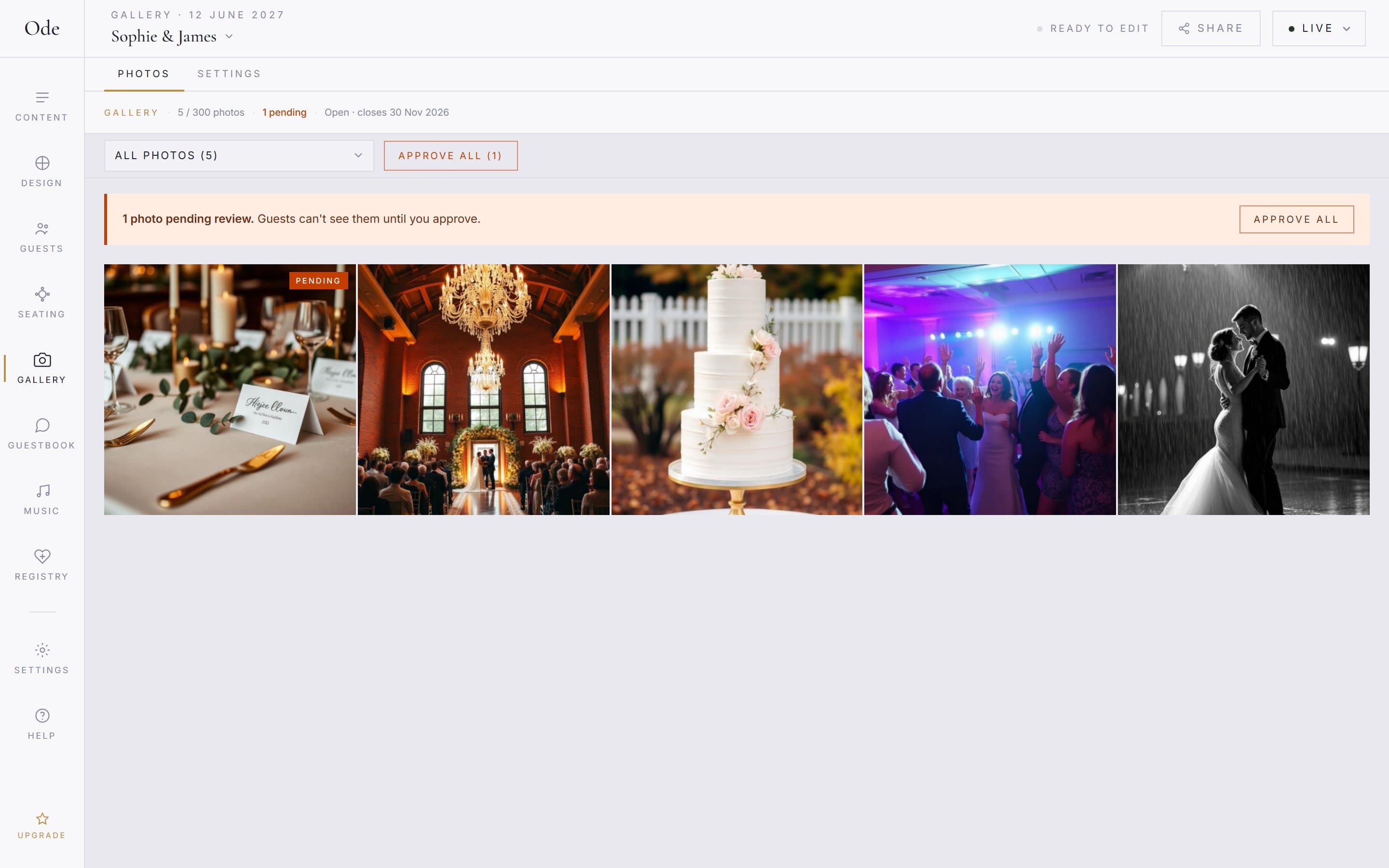 The Photos tab with five thumbnails, one marked Pending, a notice that one photo is pending review and an Approve all button