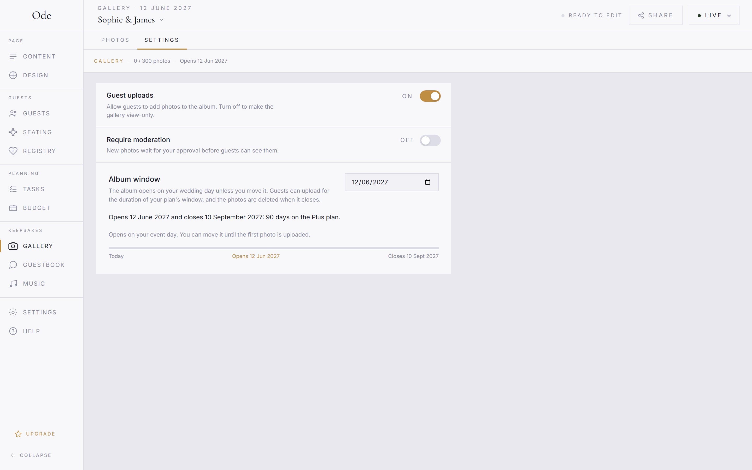The Gallery settings tab, with toggles for guest uploads and moderation, and the album window