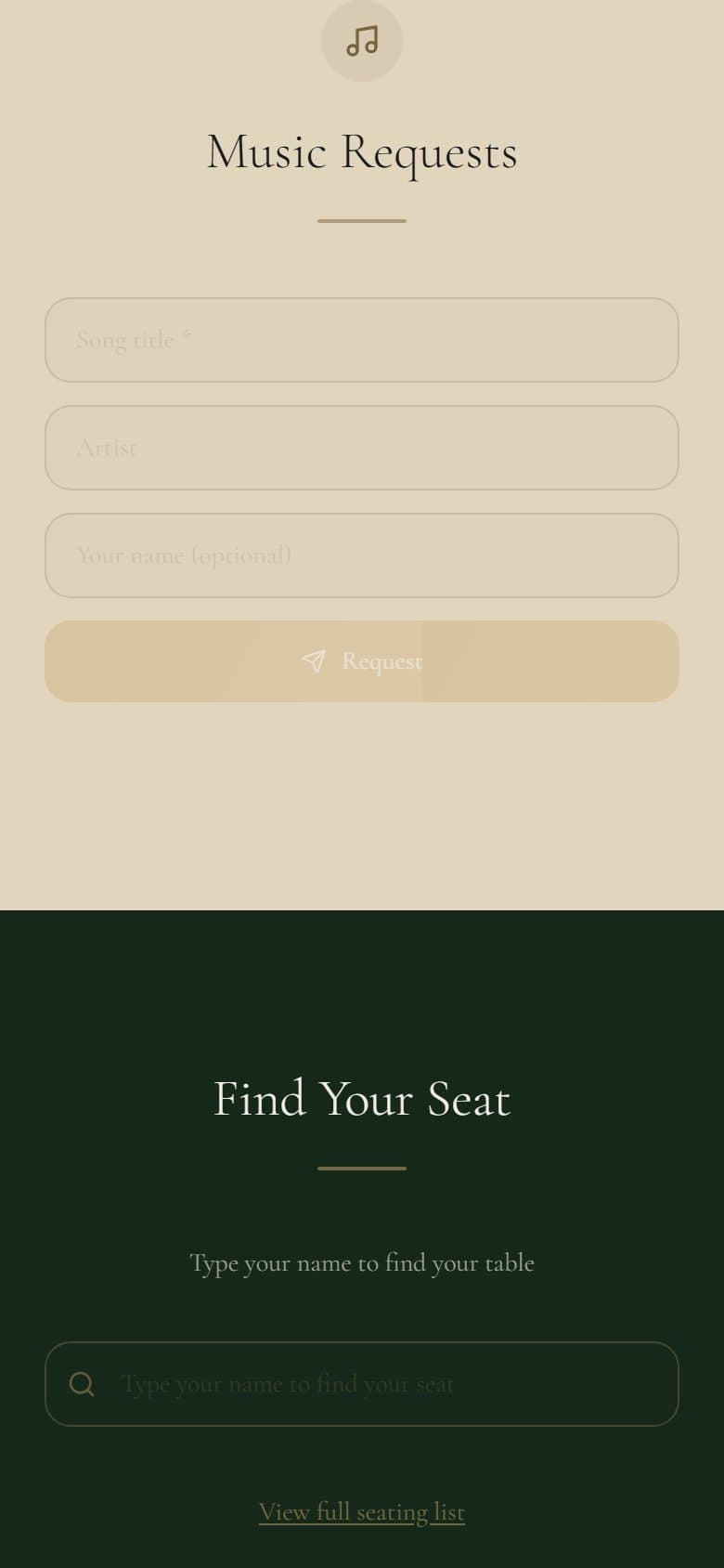 The music requests section on a phone, with fields for song title, artist and name and a Request button