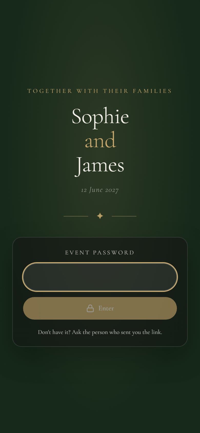 The join screen a guest sees on a phone: the couple's names and date above an Event password field and an Enter button