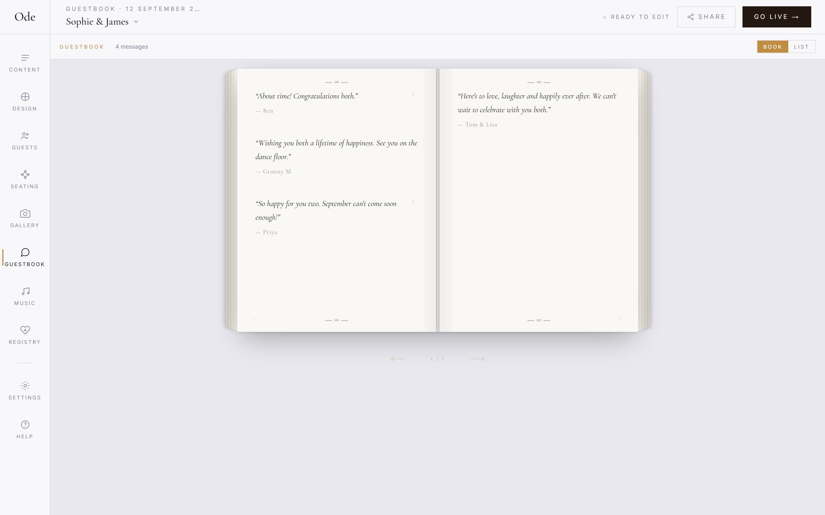 The Guestbook workspace in Book view, showing guest messages laid out across two facing pages