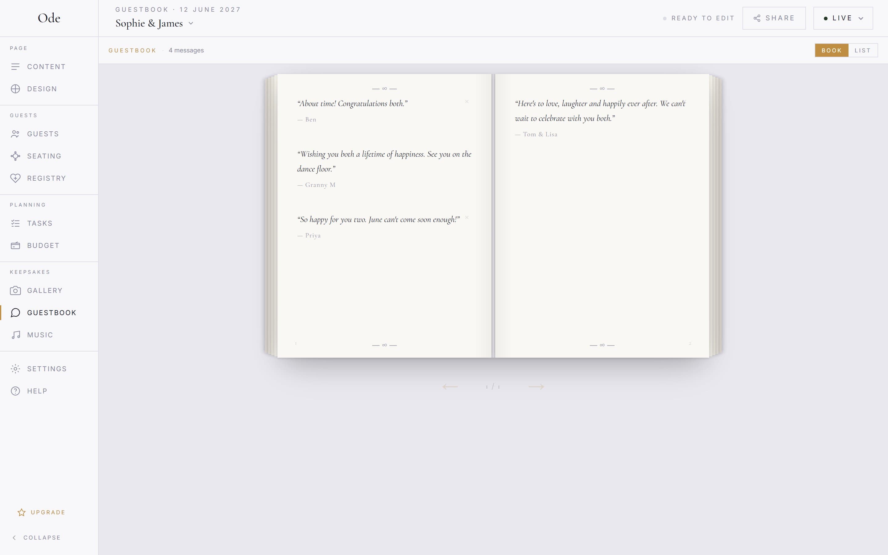 The Guestbook workspace in Book view, showing guest messages laid out across two facing pages