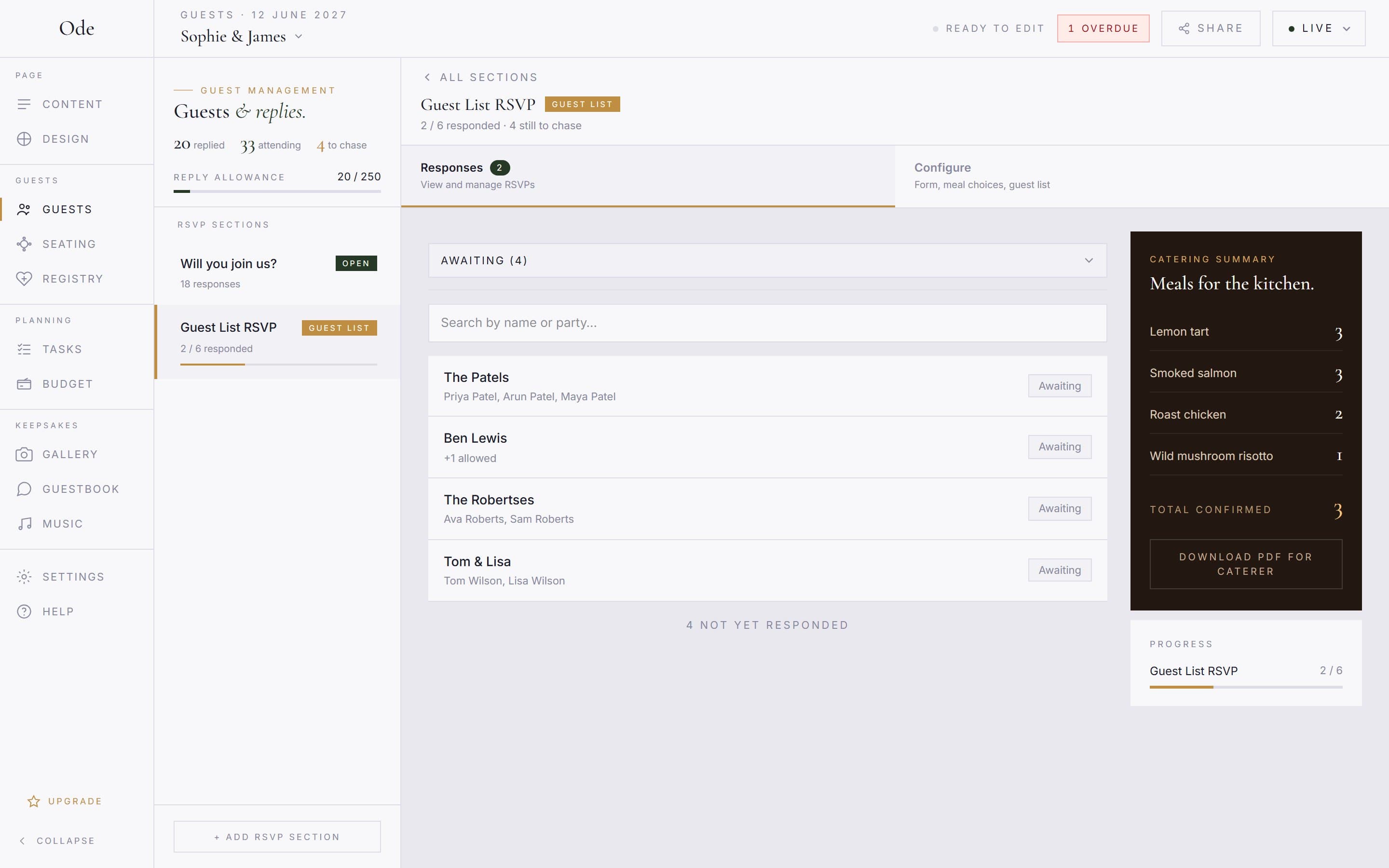 A guest-list RSVP section with the Awaiting filter selected, listing four invited households that have not replied