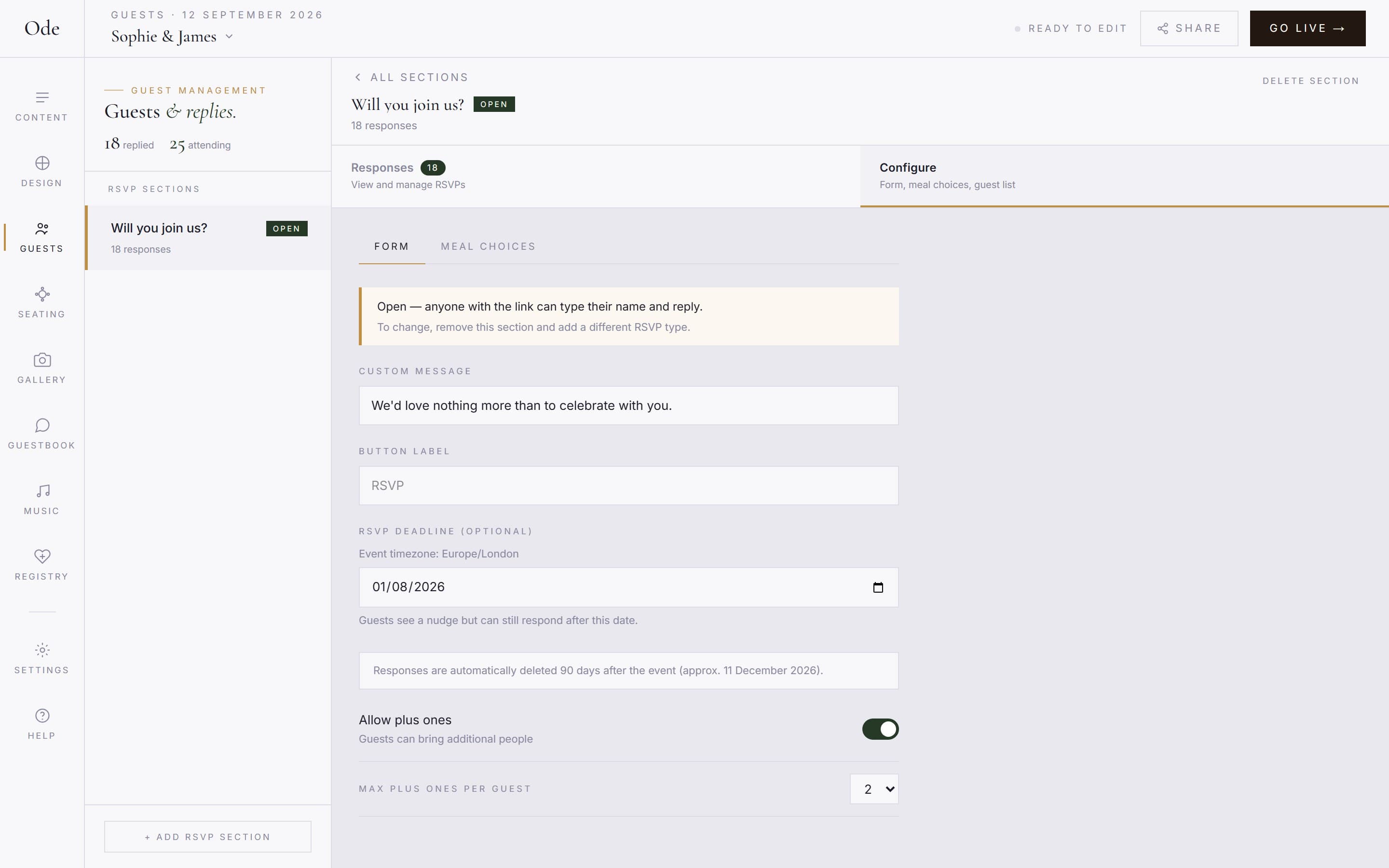 The Configure tab in the Guests workspace, with form settings including custom message, RSVP deadline and plus ones