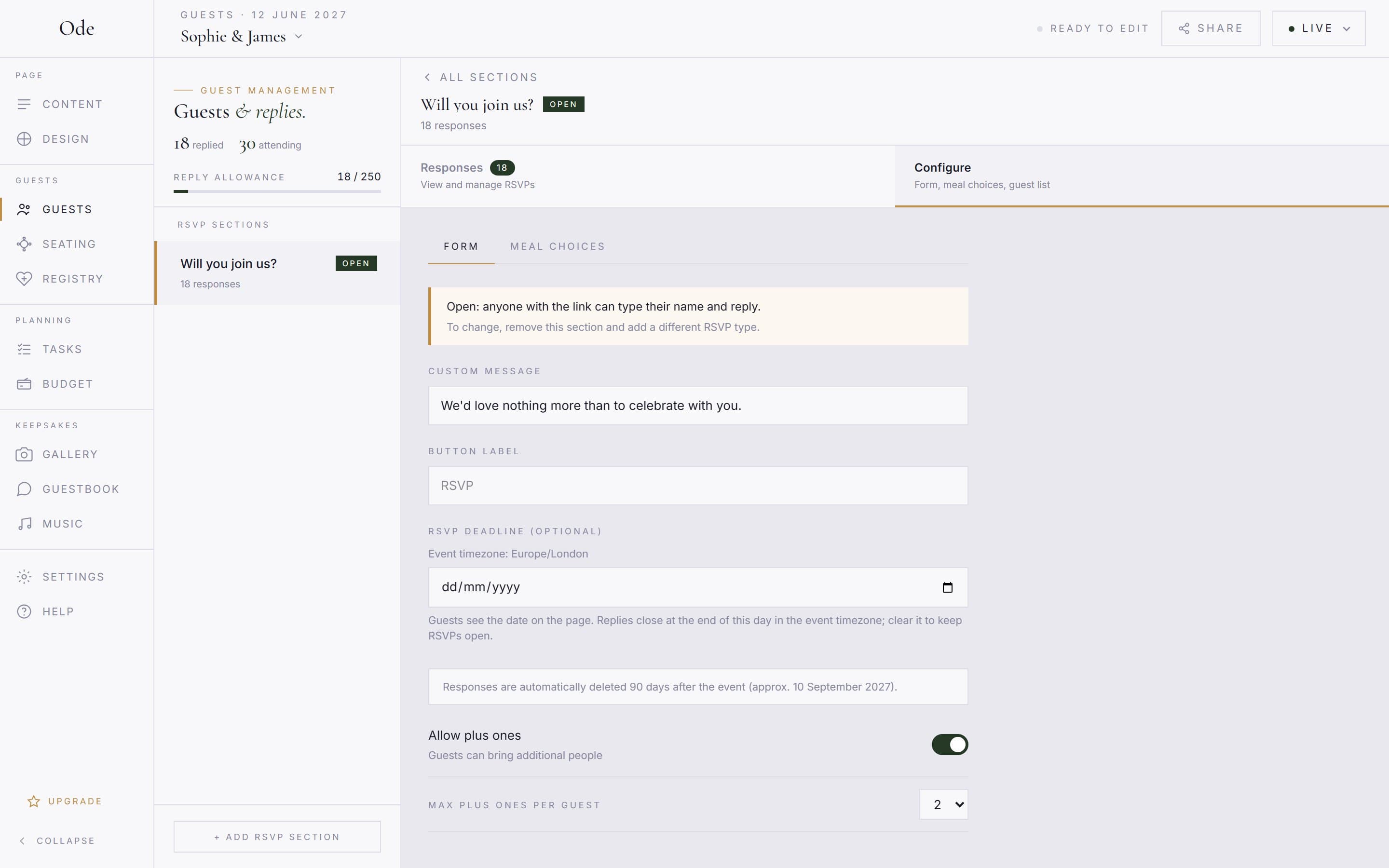 The Configure tab in the Guests workspace, with form settings including custom message, button label, RSVP deadline and plus ones