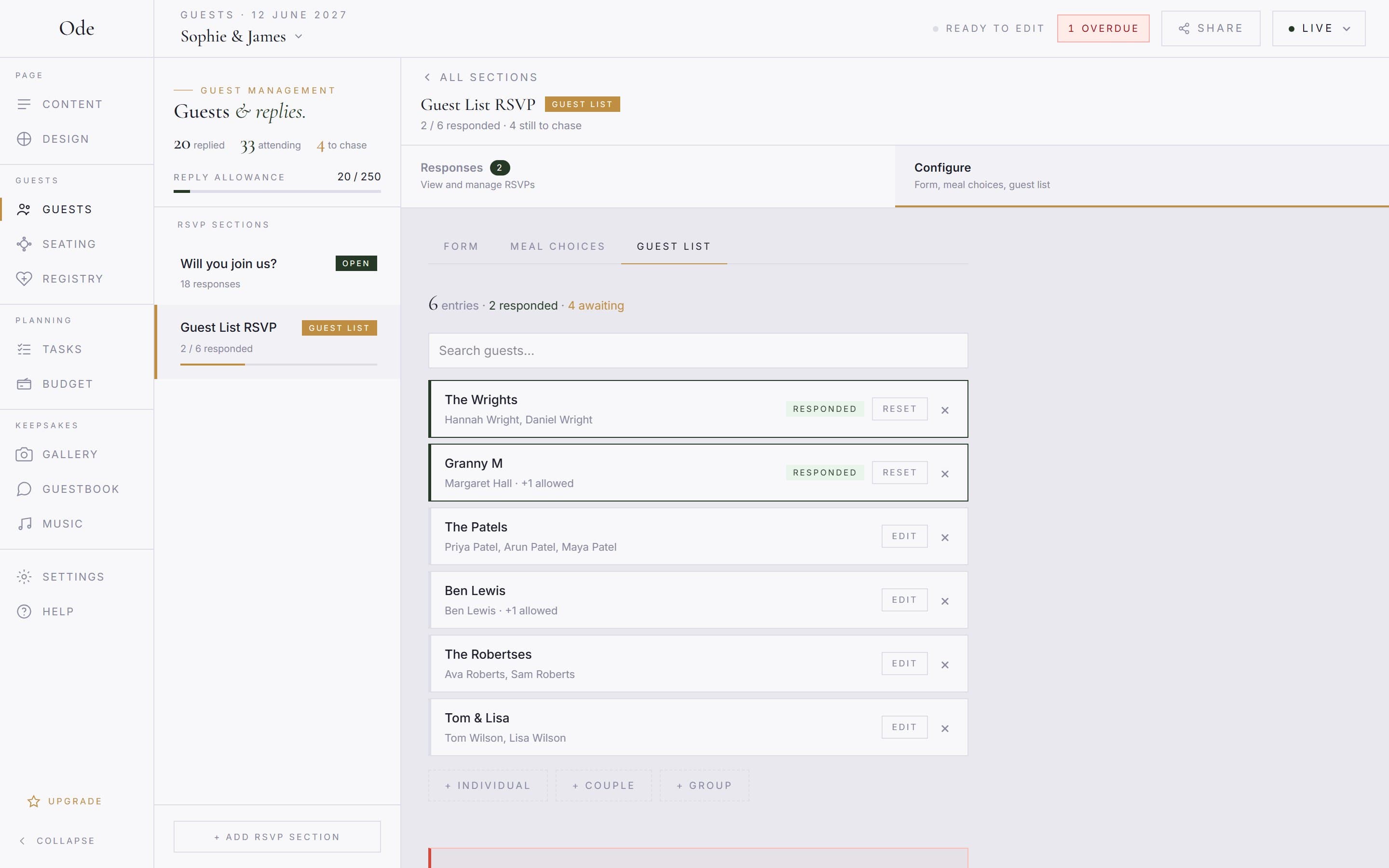 The Guest list sub-tab with six entries, two marked Responded with a Reset button and four with Edit, plus Individual, Couple and Group buttons below