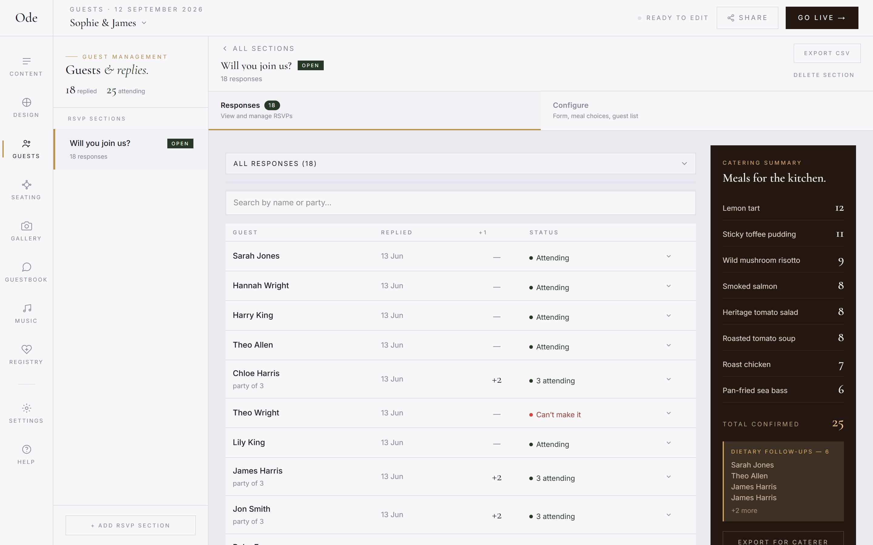 The Responses tab, with a table of replies and the catering summary in a sidebar on the right