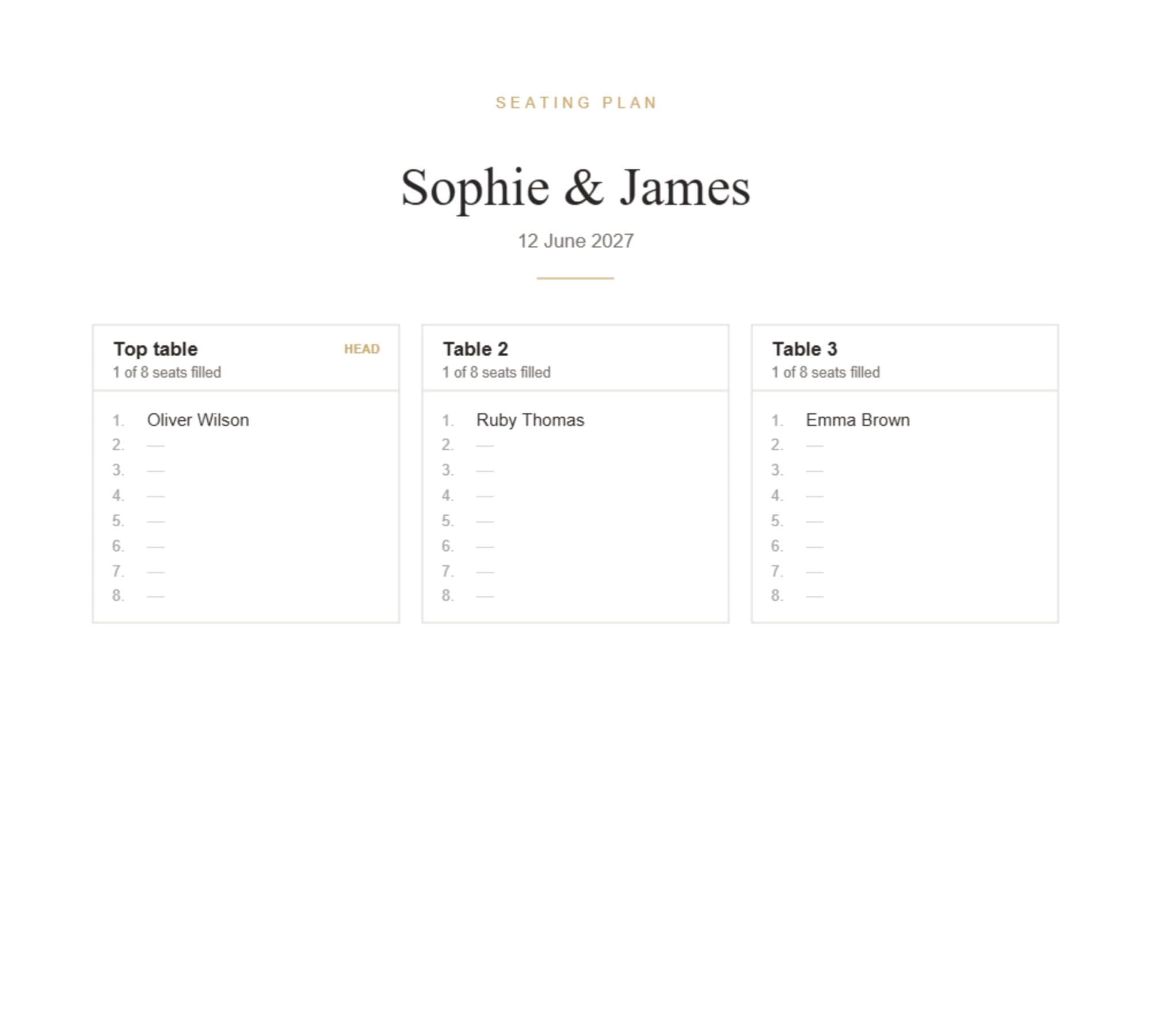 The first page of the seating plan PDF: three table cards side by side, each listing its seats by number with the head table flagged
