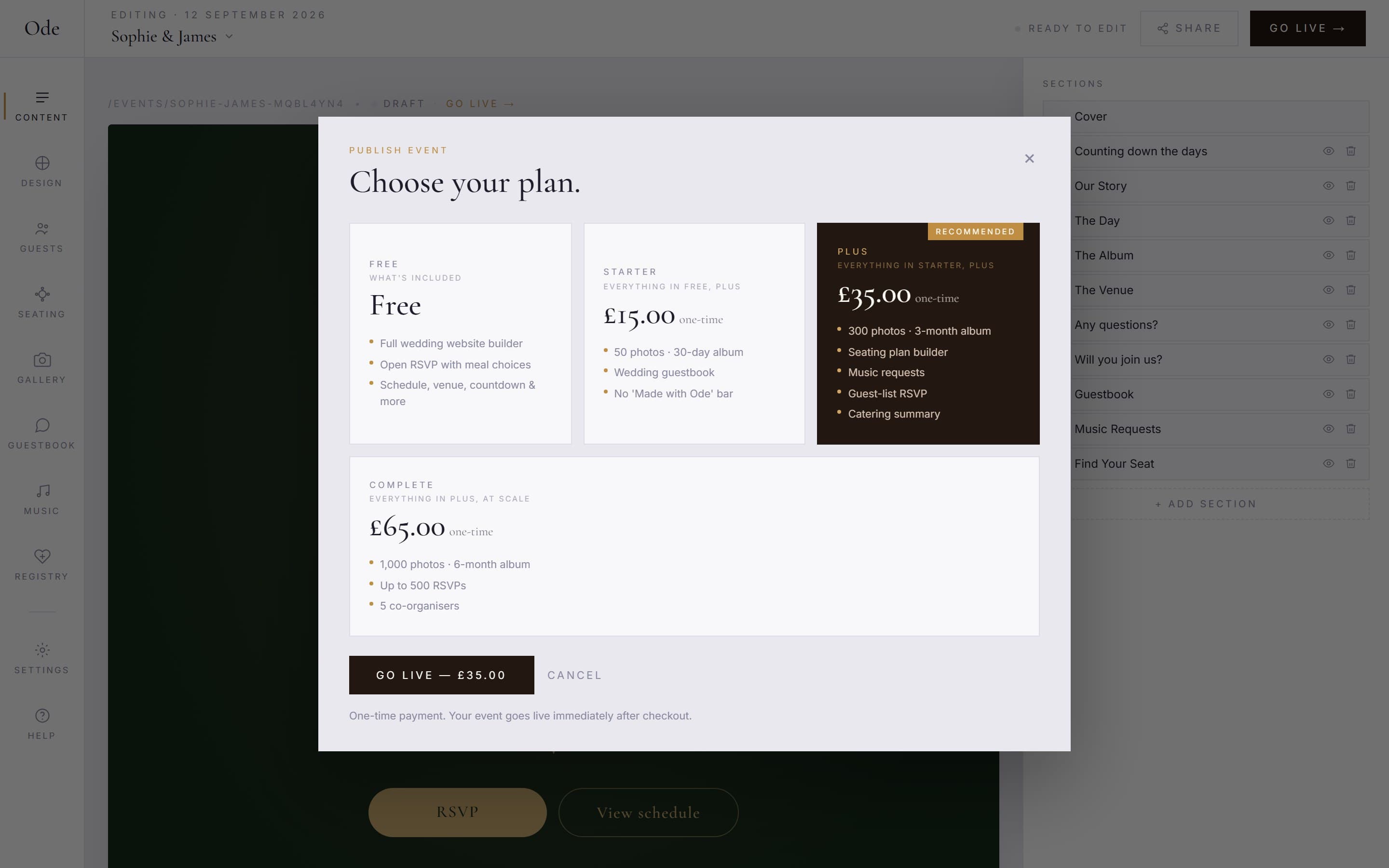 The Choose your plan modal, with Free, Starter, Plus and Complete tier cards and a Go live button