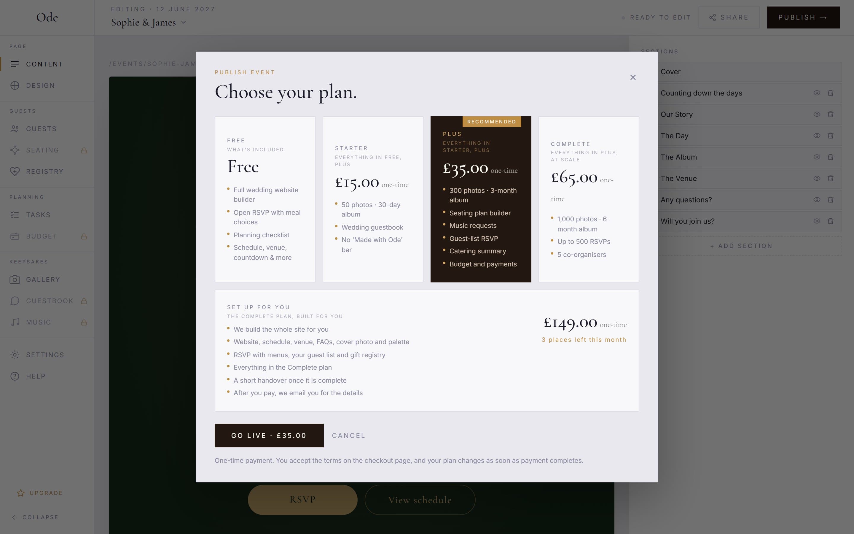 The Choose your plan modal, with Free, Starter, Plus and Complete tier cards and a Go live button