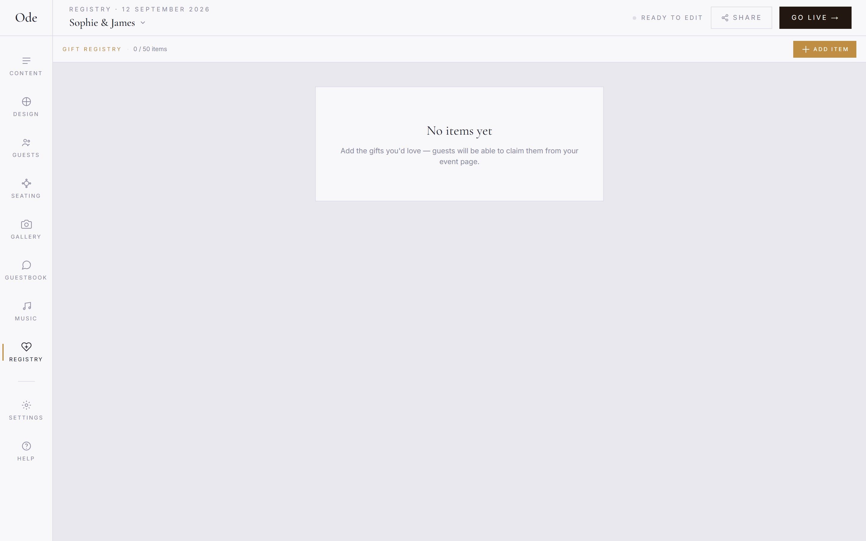 The Registry workspace before any items are added, with an Add item button in the toolbar