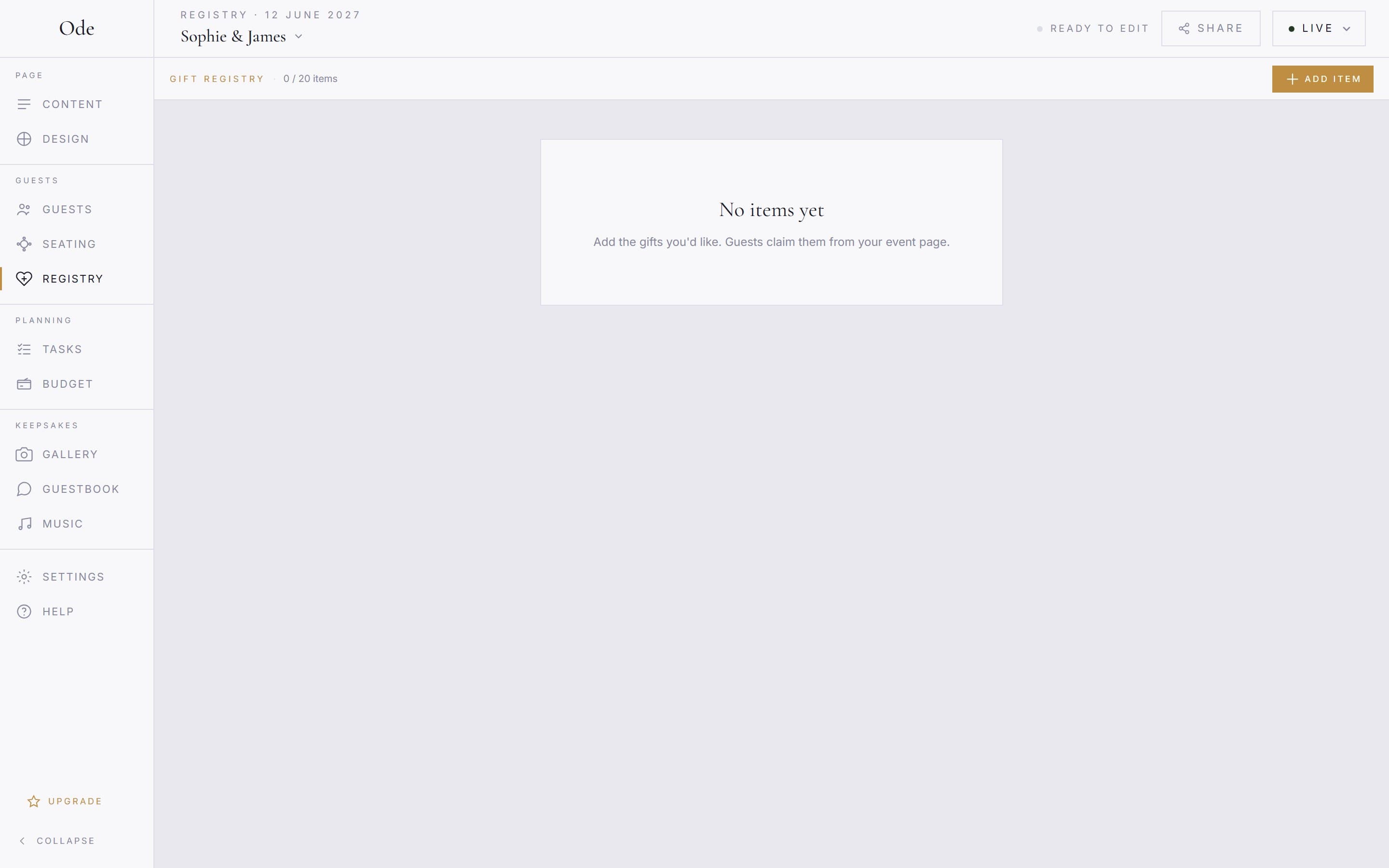 The Registry workspace before any items are added, with an Add item button in the toolbar