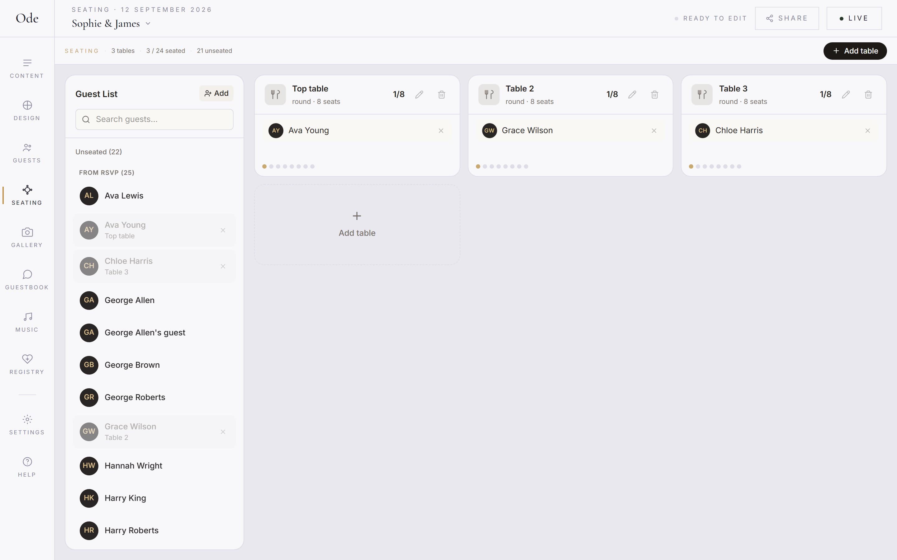 The seating builder with three tables, guests assigned by drag and drop, and the RSVP guest list in a sidebar