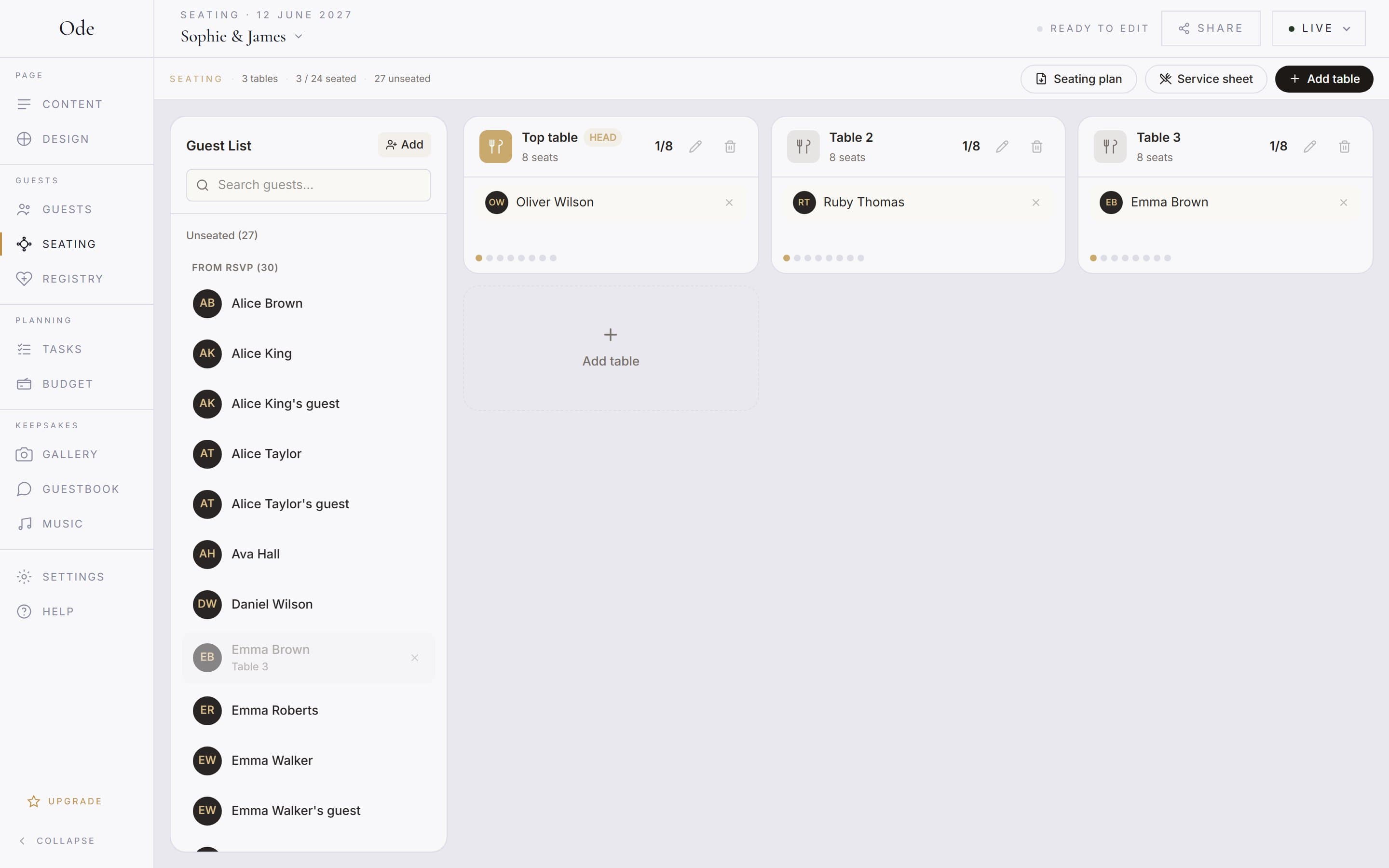 The seating builder with three tables, guests assigned by drag and drop, and the RSVP guest list in a sidebar
