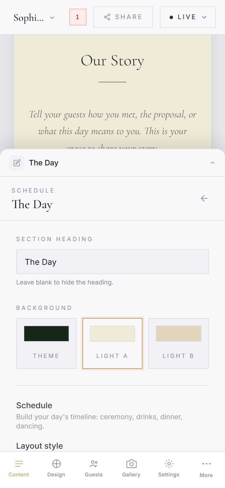 The studio on a phone with the Schedule section's editor risen from the bottom as a sheet over the canvas