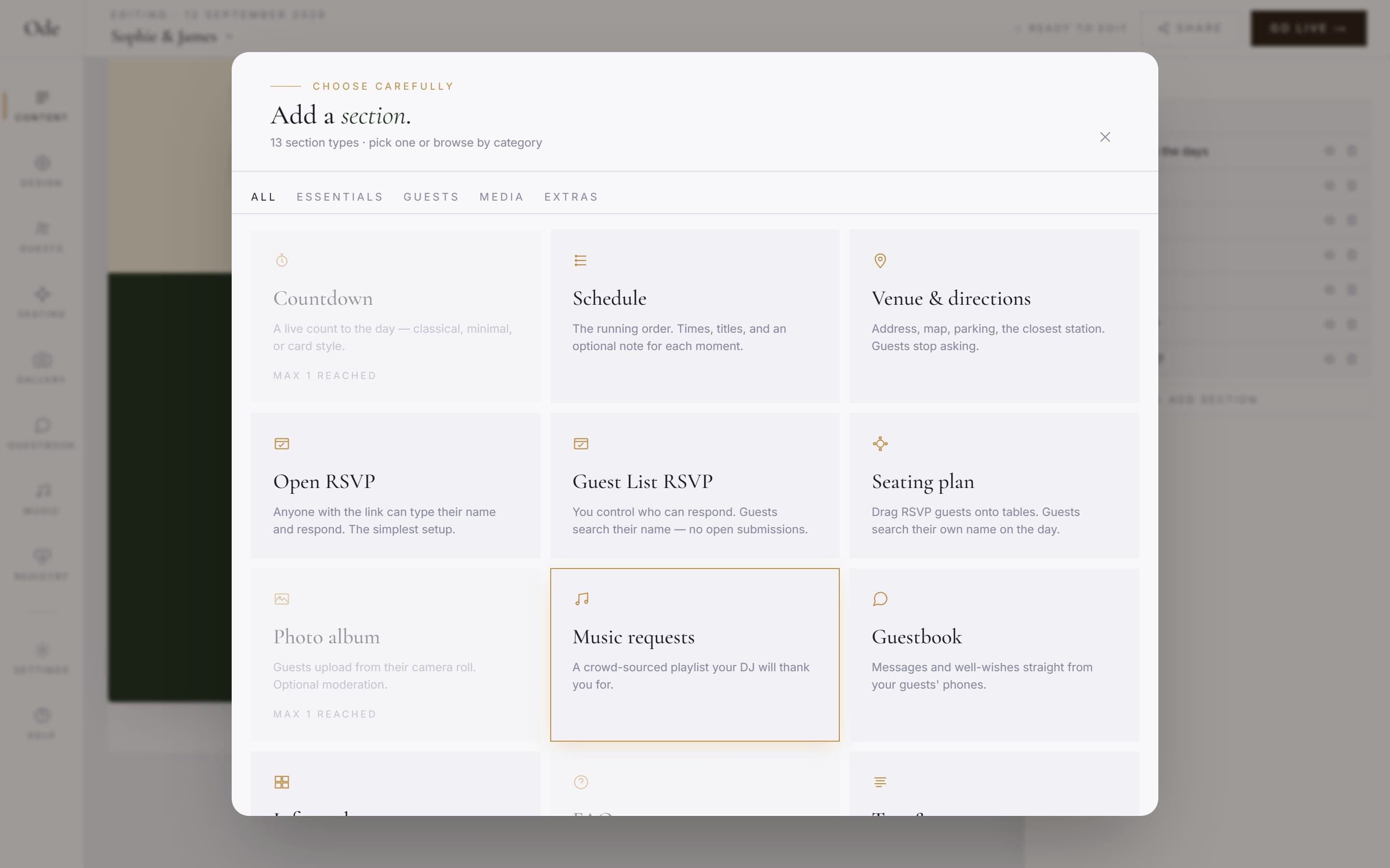 The Add a section modal, showing section types in a grid with category tabs along the top