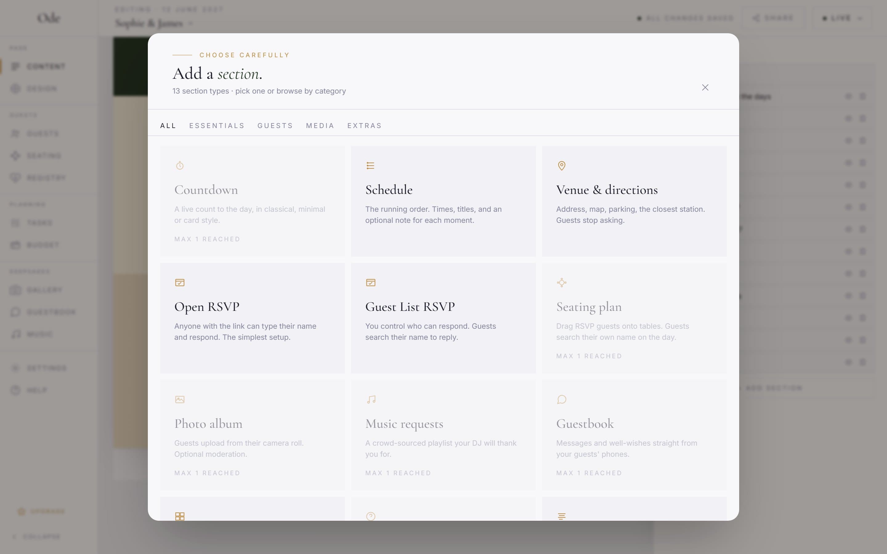 The Add a section modal, showing section types in a grid with category tabs along the top