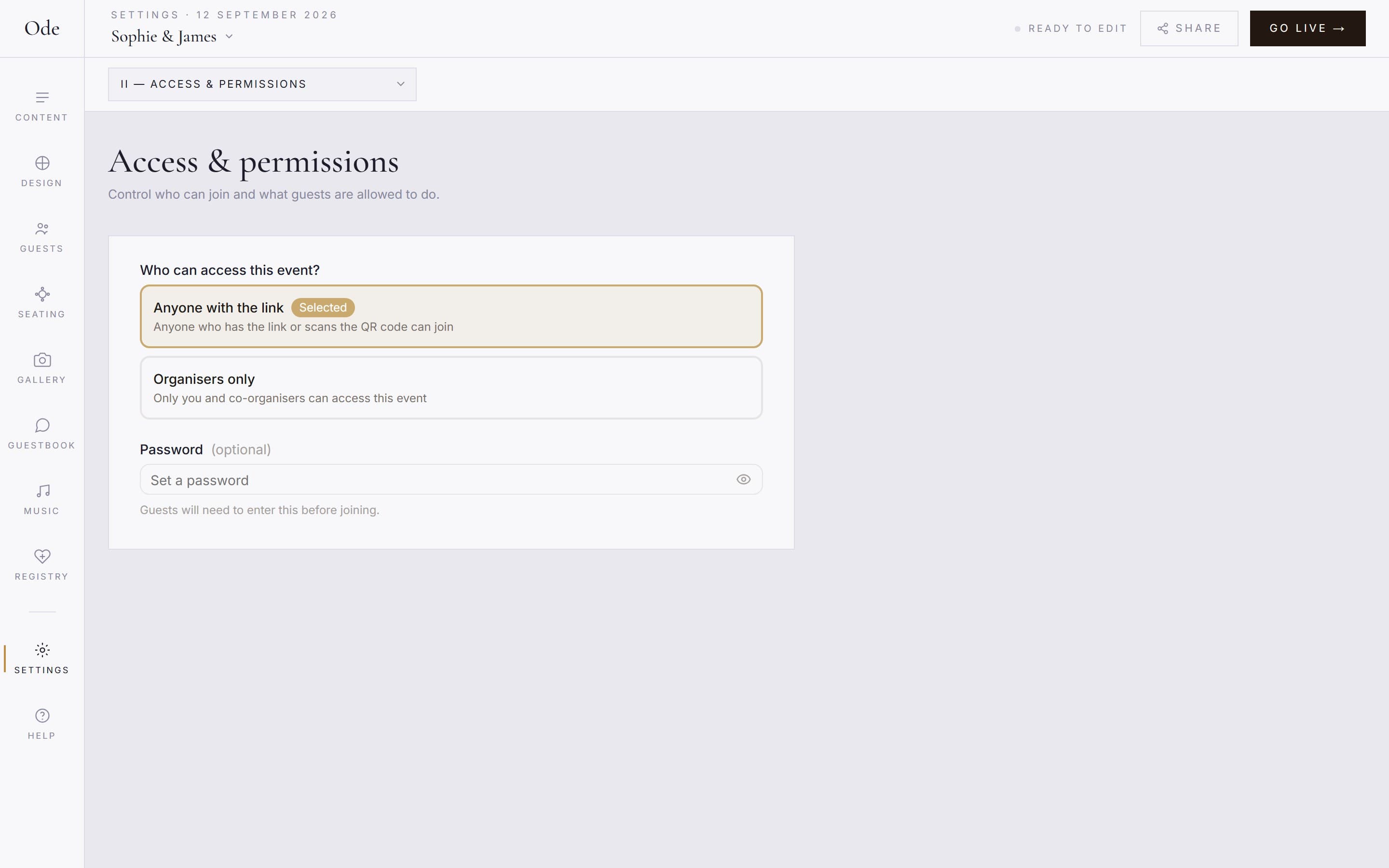 The Access and permissions section, with Anyone with the link selected, an Organisers only option and an optional password field