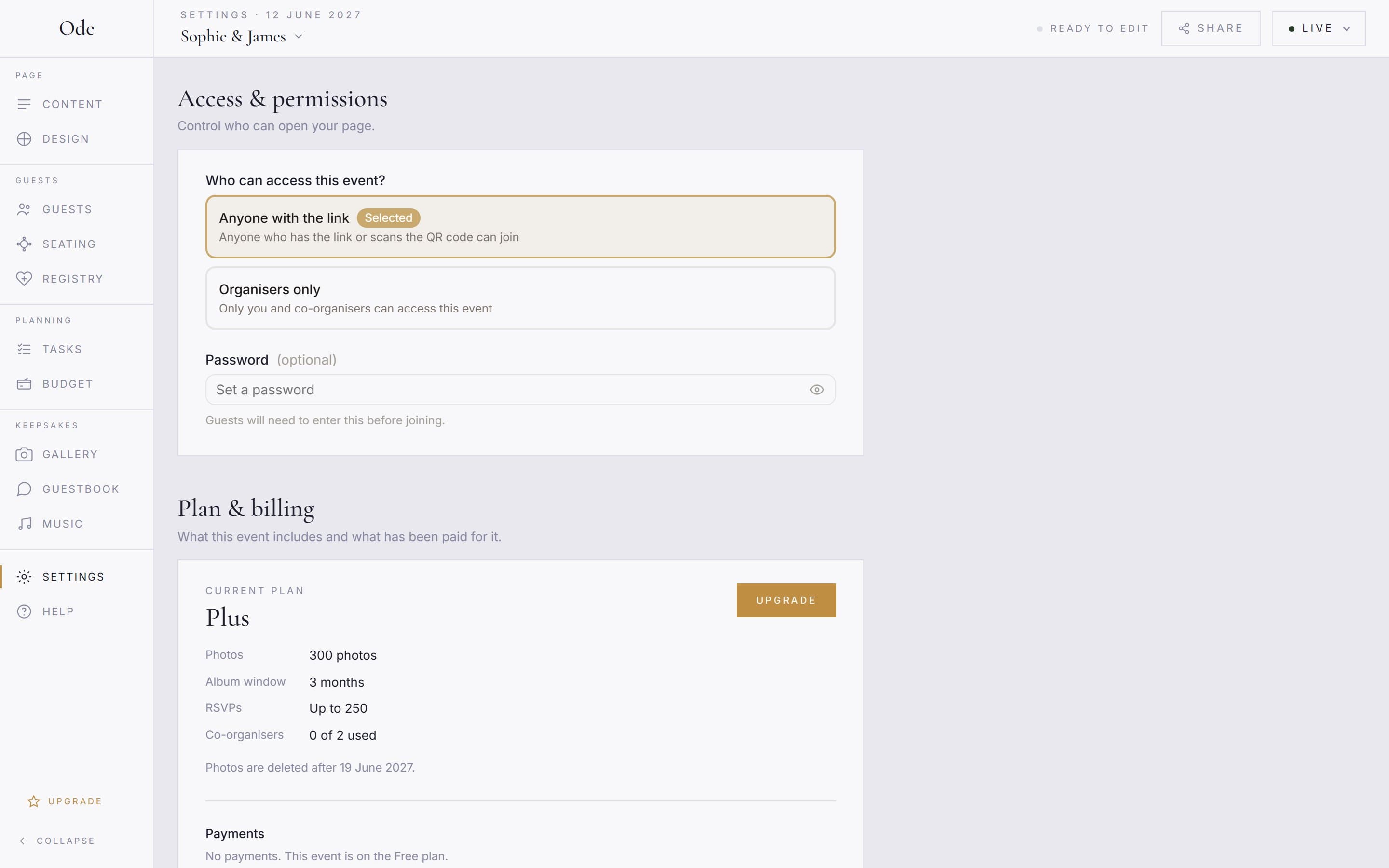 The Access and permissions section, with Anyone with the link selected, an Organisers only option and an optional password field