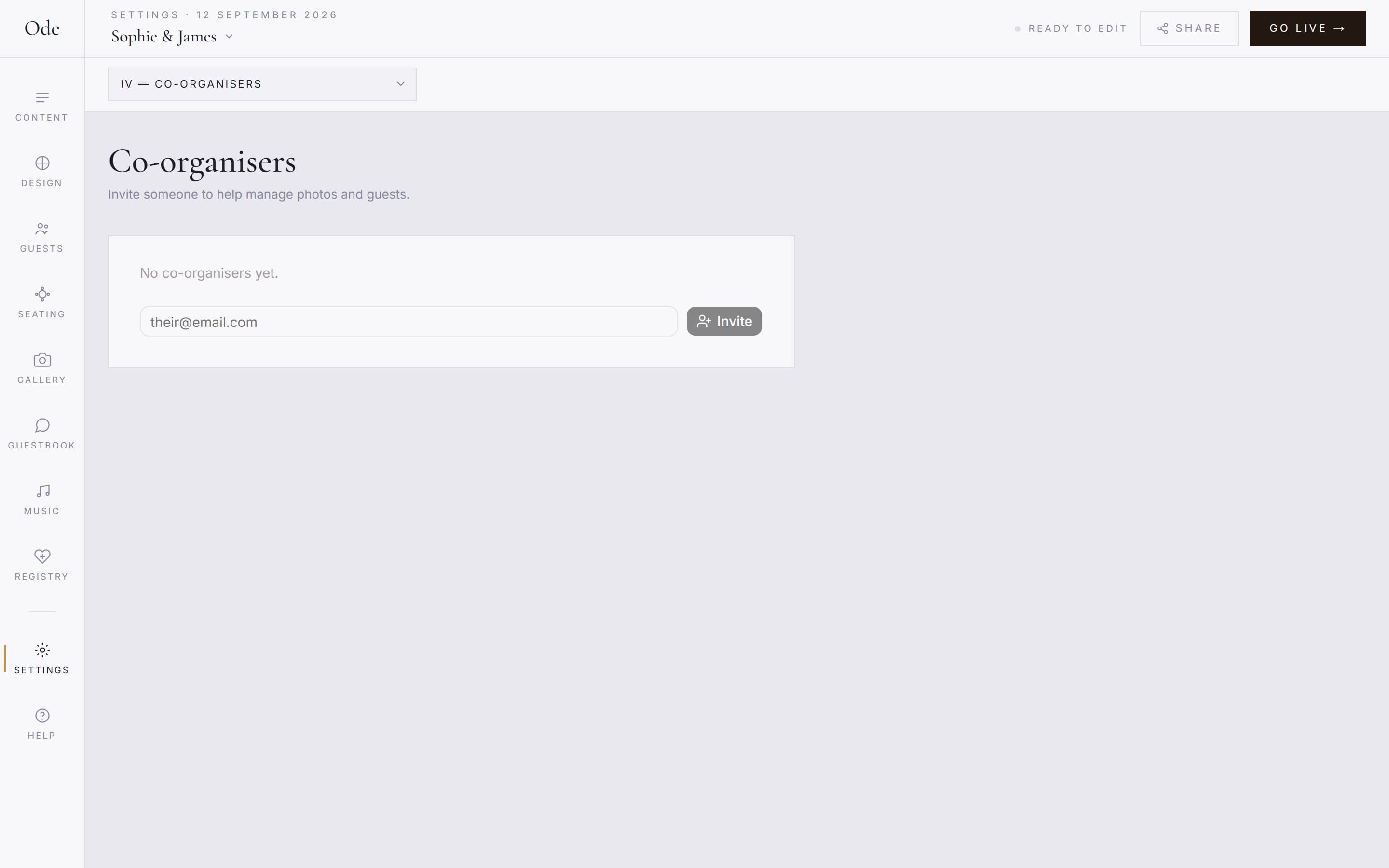 The Co-organisers panel in Settings, with an email field and Invite button