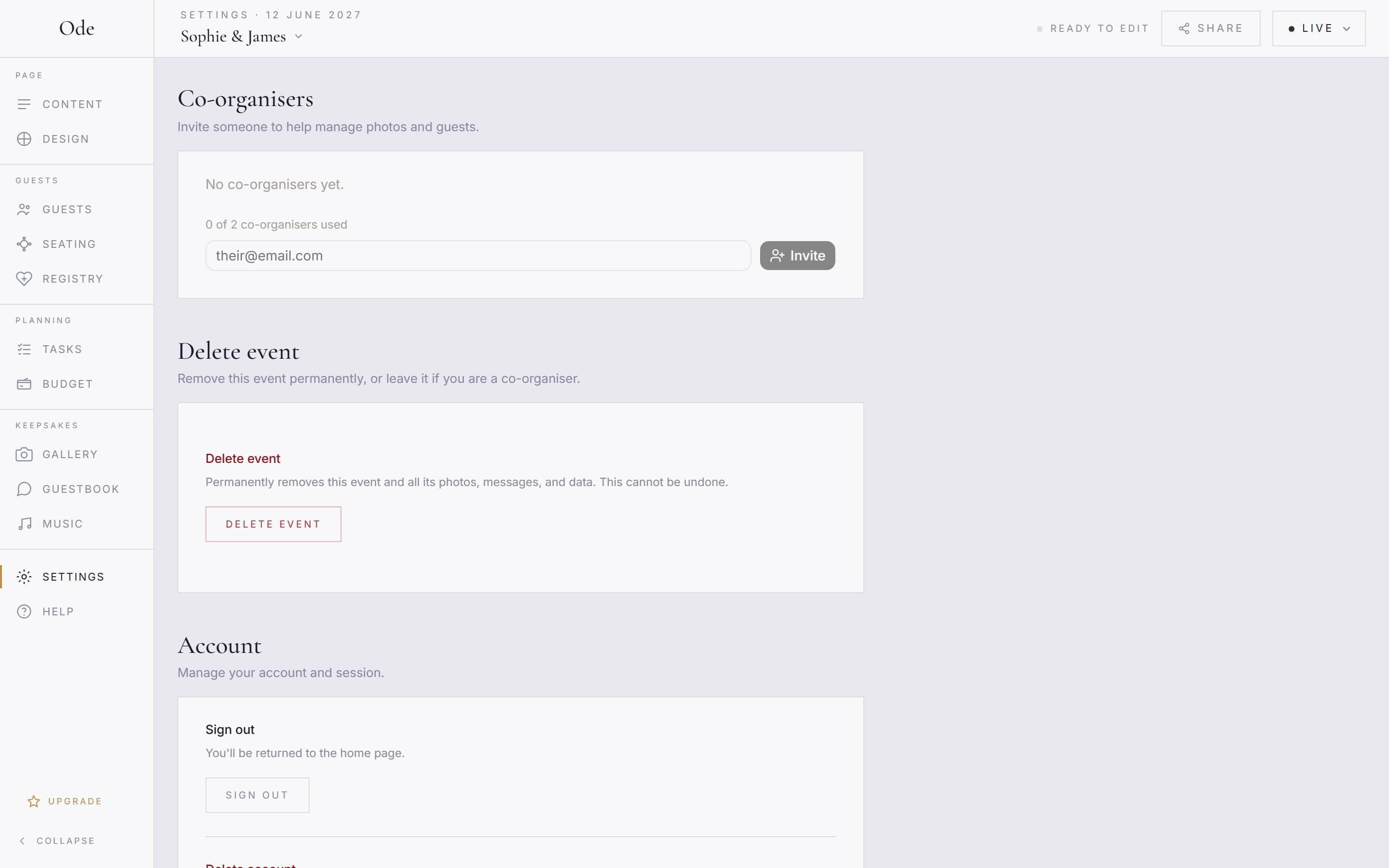 The Co-organisers panel in Settings, with an email field and Invite button