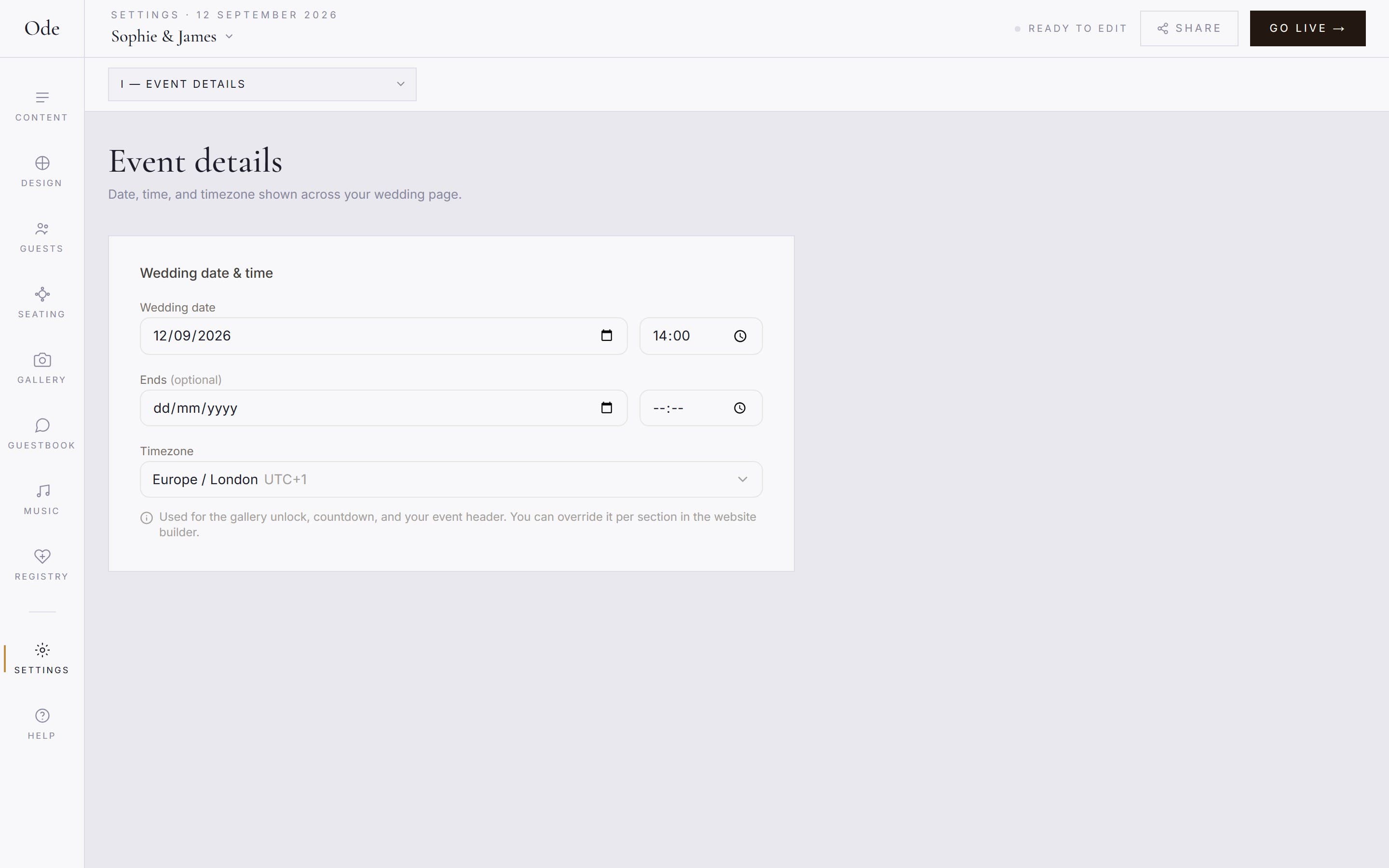 The Event details section in Settings, with wedding date and time, an optional end time, and the timezone