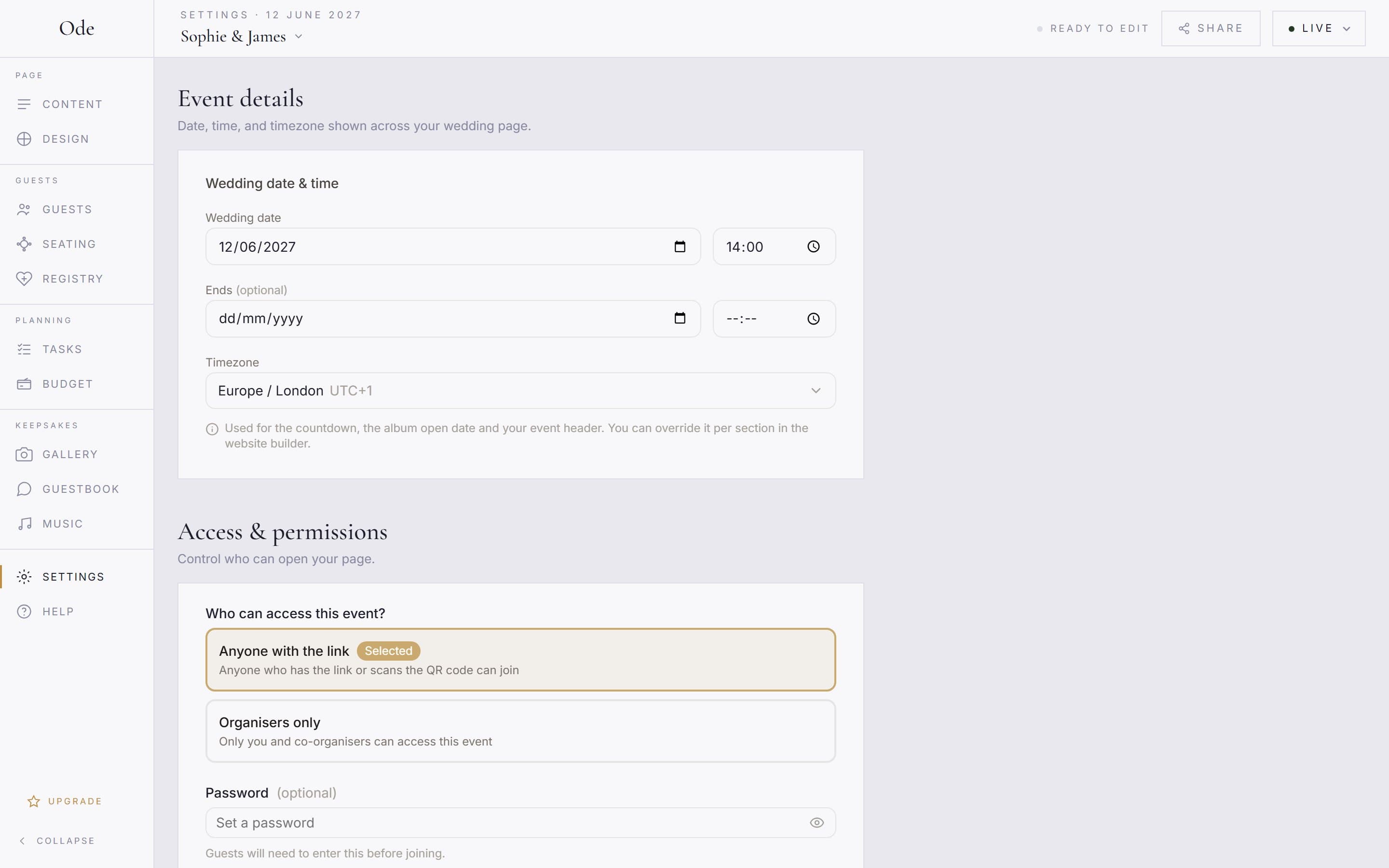 The Event details section in Settings, with wedding date and time, an optional end time, and the timezone