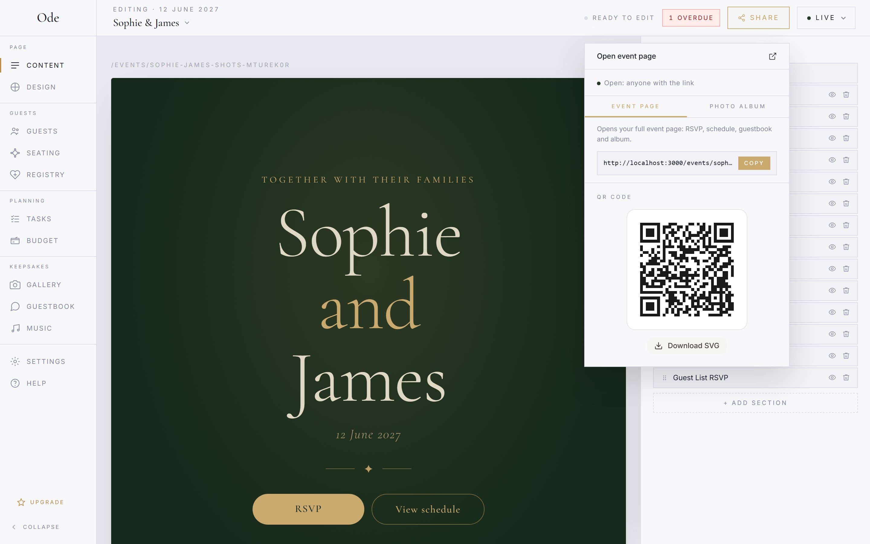 The Share popover open over the studio, with the access line, Event page and Photo album tabs, the link with a Copy button, and a QR code with Download SVG