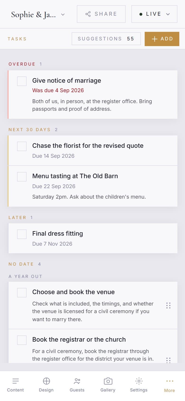 The Tasks workspace on a phone, with tick boxes on the left and drag grips on the right