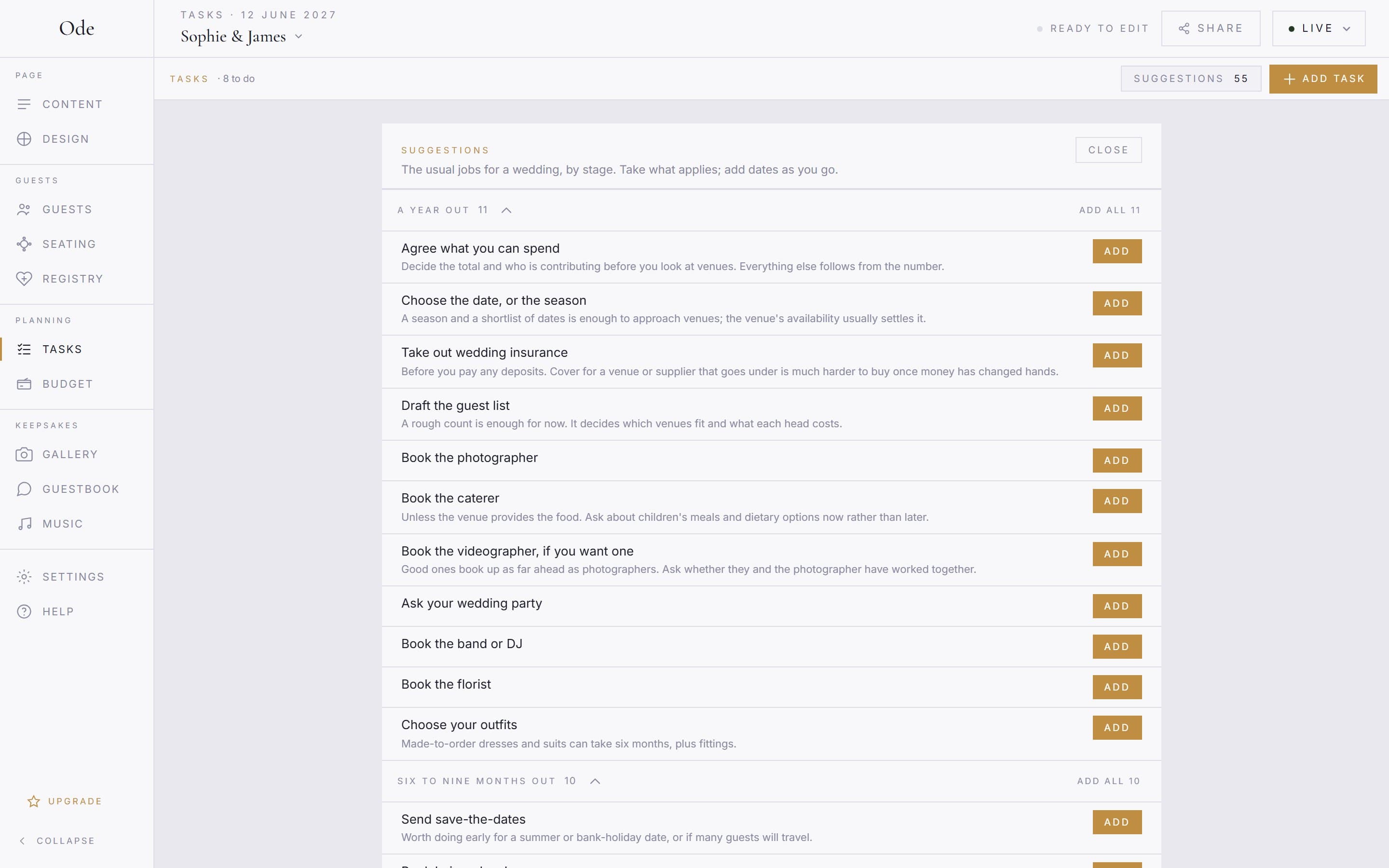 The Suggestions panel open above the task list, with wedding tasks grouped by stage and an Add button on each