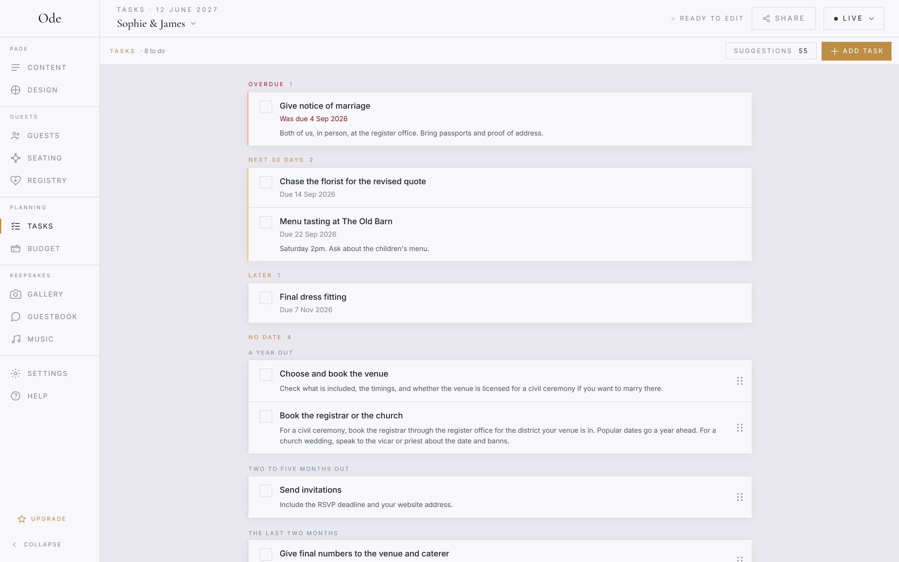 The Tasks workspace: an overdue task in red, tasks due in the next 30 days, and the undated list below with grips for reordering