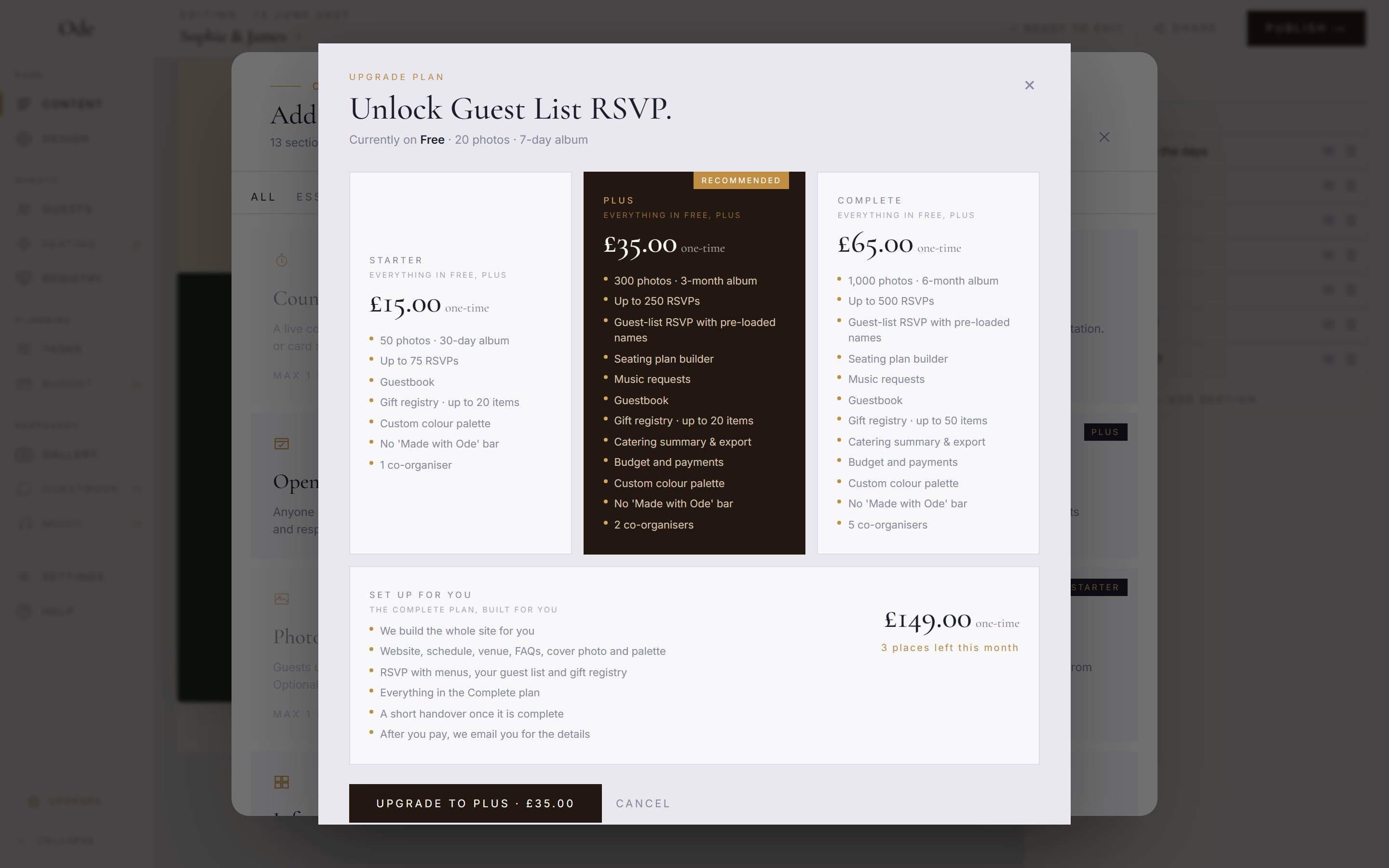 The Unlock Guest List RSVP modal over the section library, showing the current Free plan and Starter, Plus and Complete cards with an Upgrade to Plus button