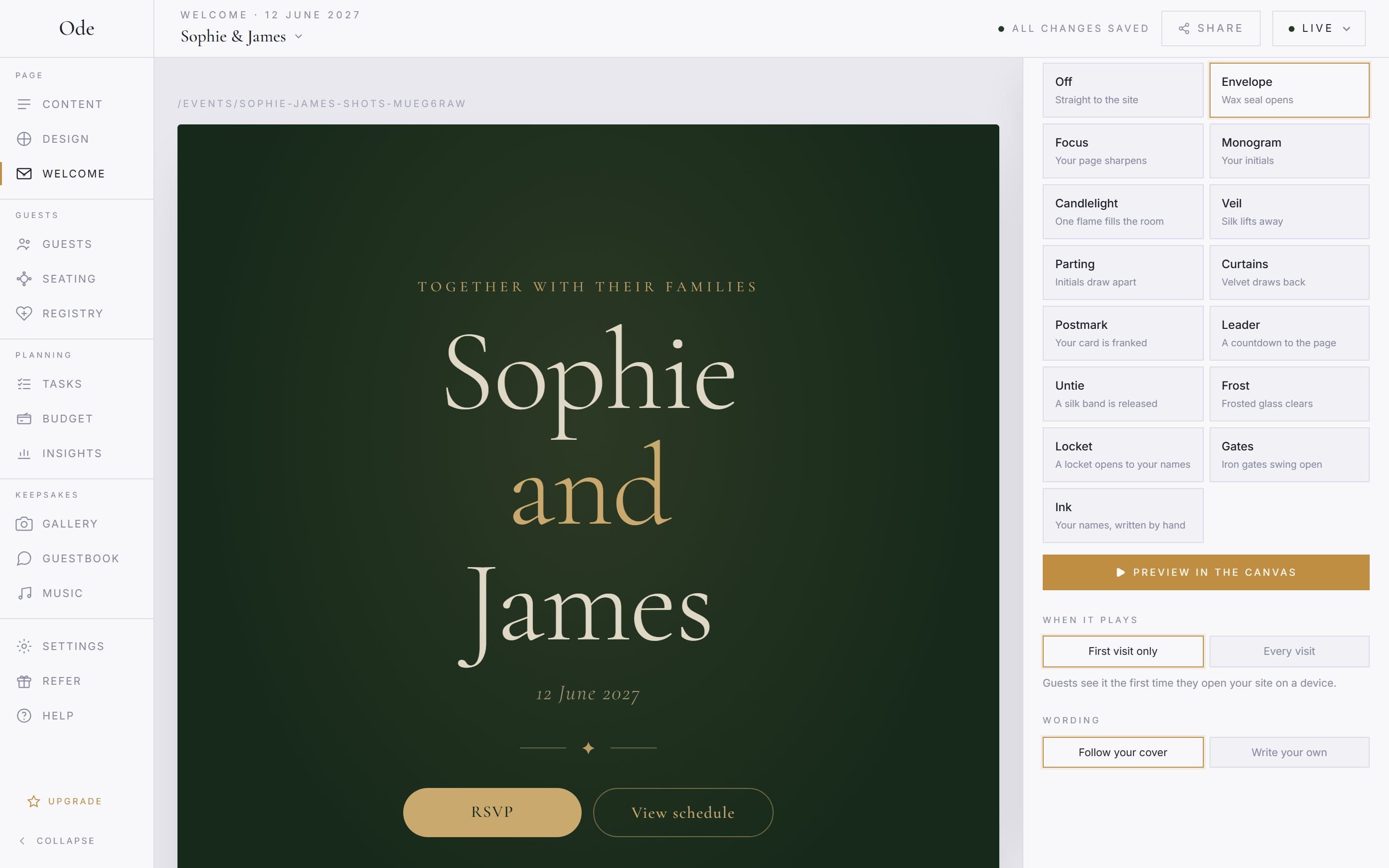 The Welcome workspace, with the style tiles, the Preview in the canvas button, the When it plays and Wording controls