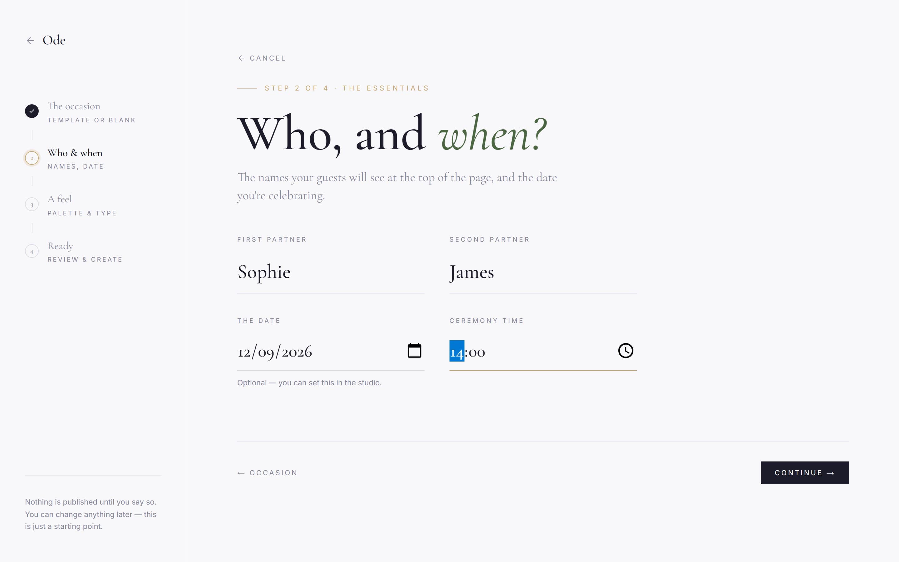 Step 2 of the wizard, with fields for both partners' names, the date and ceremony time