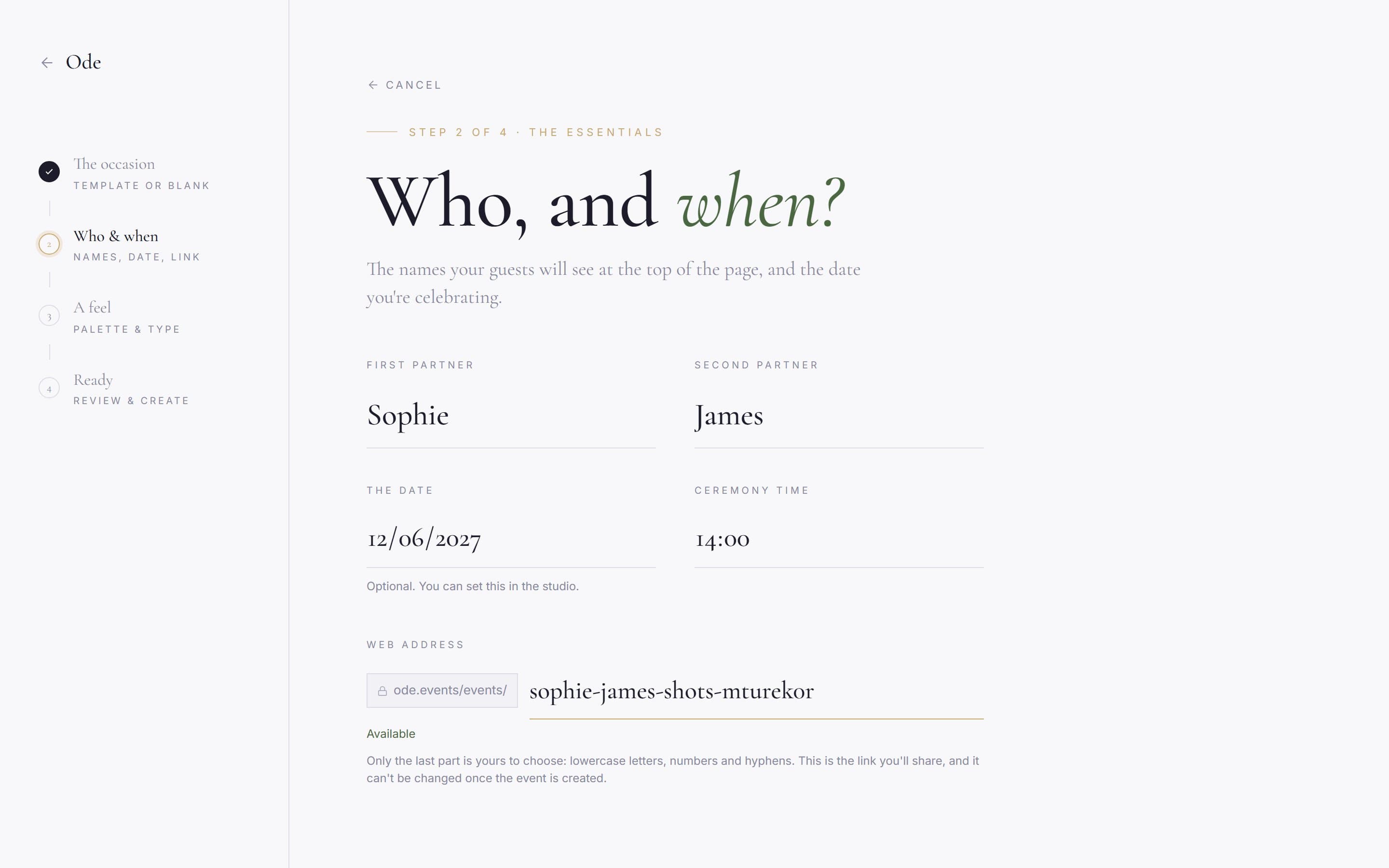 Step 2 of the wizard, with fields for both partners' names, the date, the ceremony time and the permanent web address
