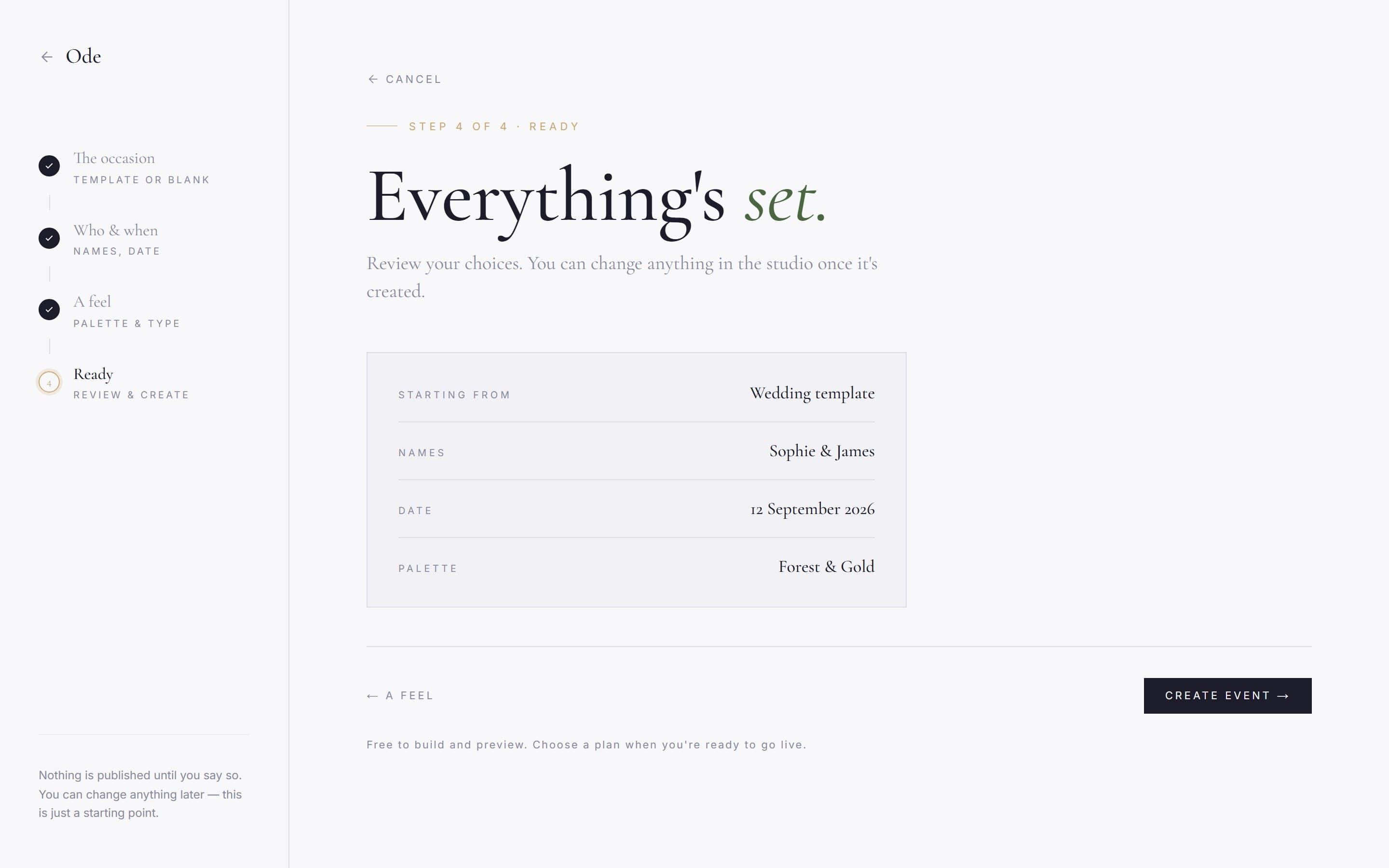 Step 4 of the wizard, summarising the template, names, date and palette before creating the event